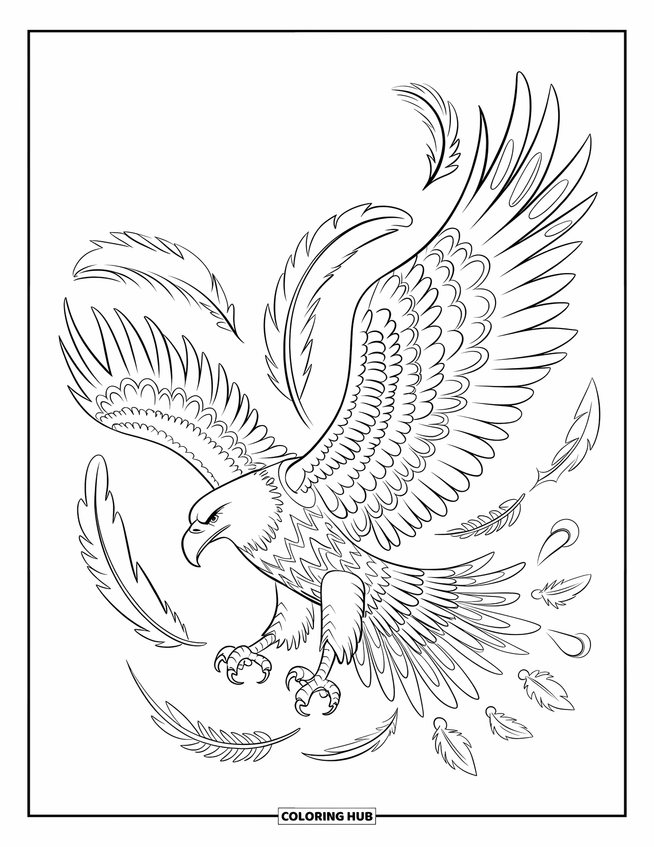 Desenho de águia para colorir para adultos: Uma águia voadora é cercada por penas tribais e padrões ondulantes