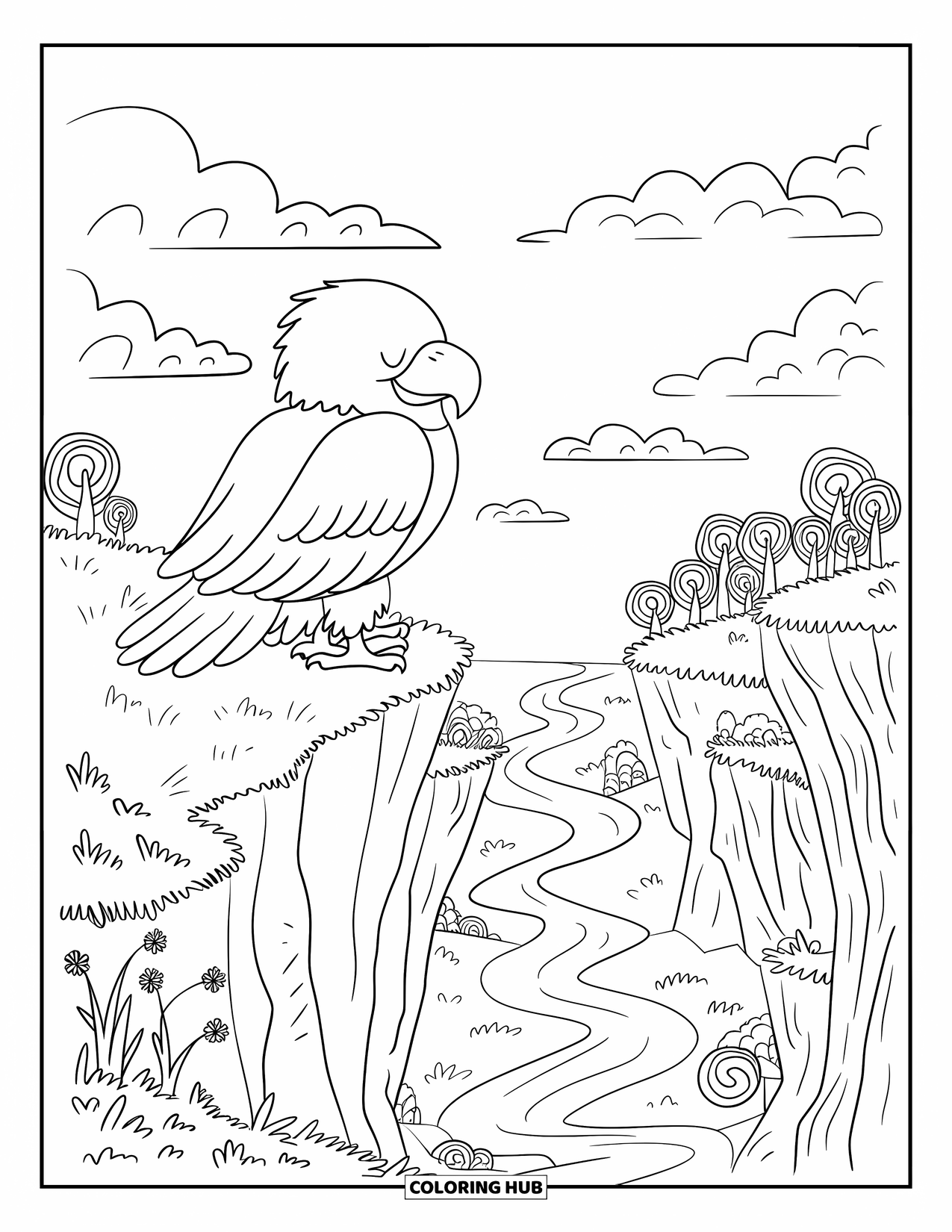 Desenho de águia para colorir para adultos: Uma águia serena está quieta em um penhasco, olhando para um mundo de sonho