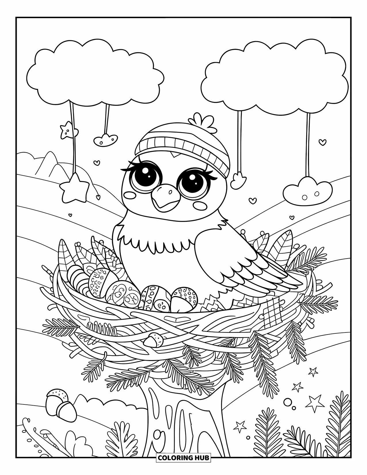 Desenho de Águia para Colorir para Adultos: Uma águia feliz com um chapéu fofo está em um ninho com galhos e estrelas penduradas