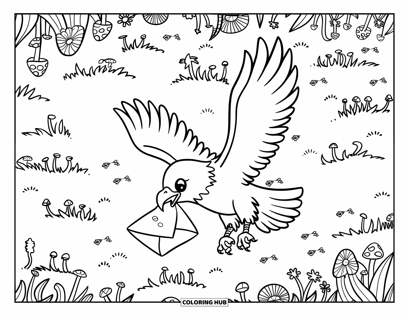 Desenho de Águia para Colorir para Adultos: Uma águia kawaii flutua sobre flores silvestres, carregando uma carta em forma de folha em seu bico