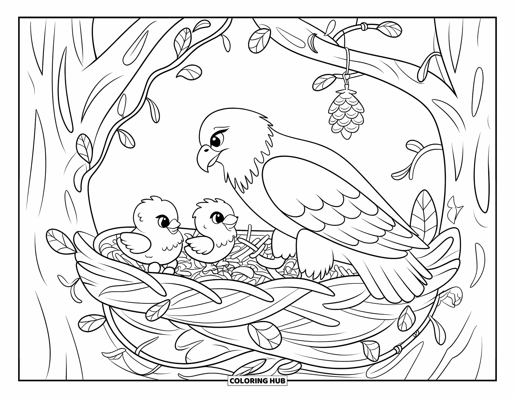 Desenho de Águia para Colorir para Adultos: Uma mamãe águia mantém um olhar gentil sobre seus filhotes brincando em seu ninho aconchegante