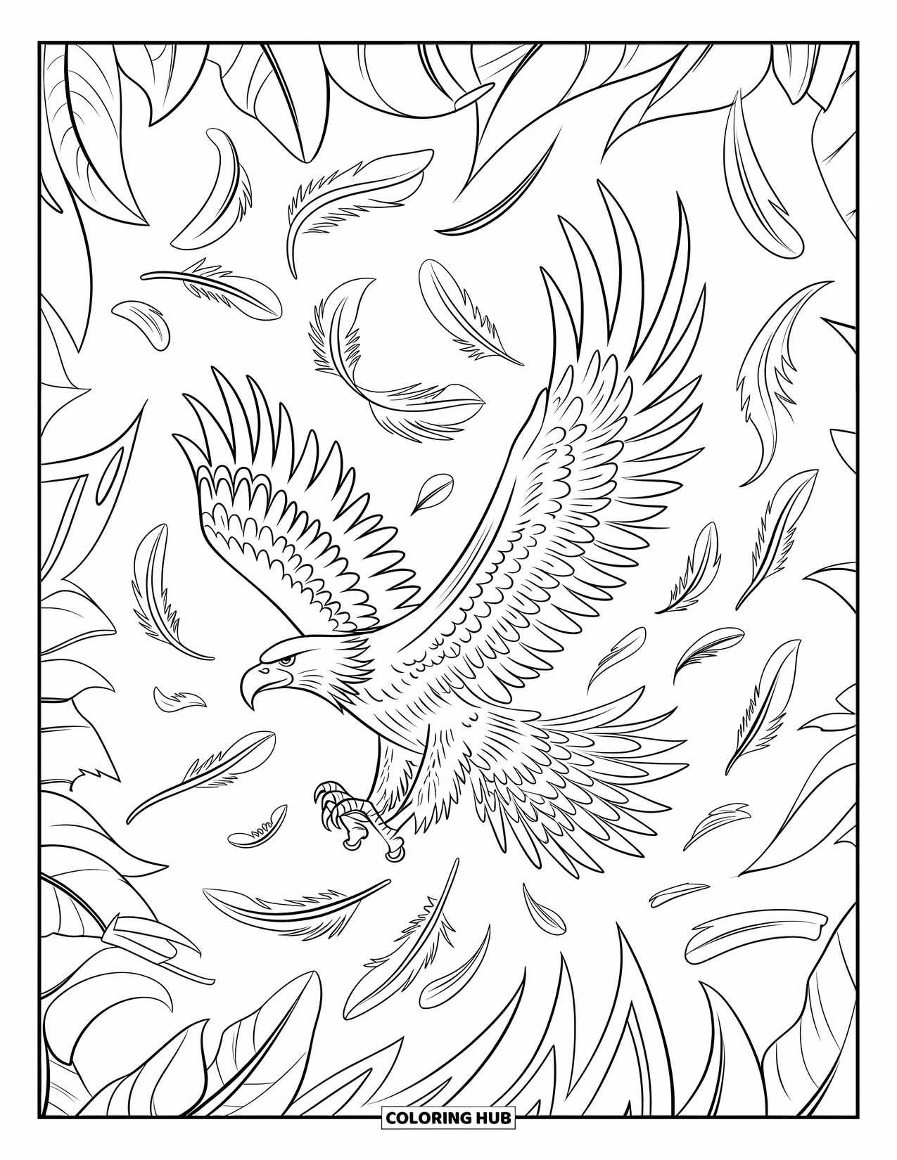 Desenho de águia para colorir para adultos: Uma águia em pleno voo está em um design tribal de penas