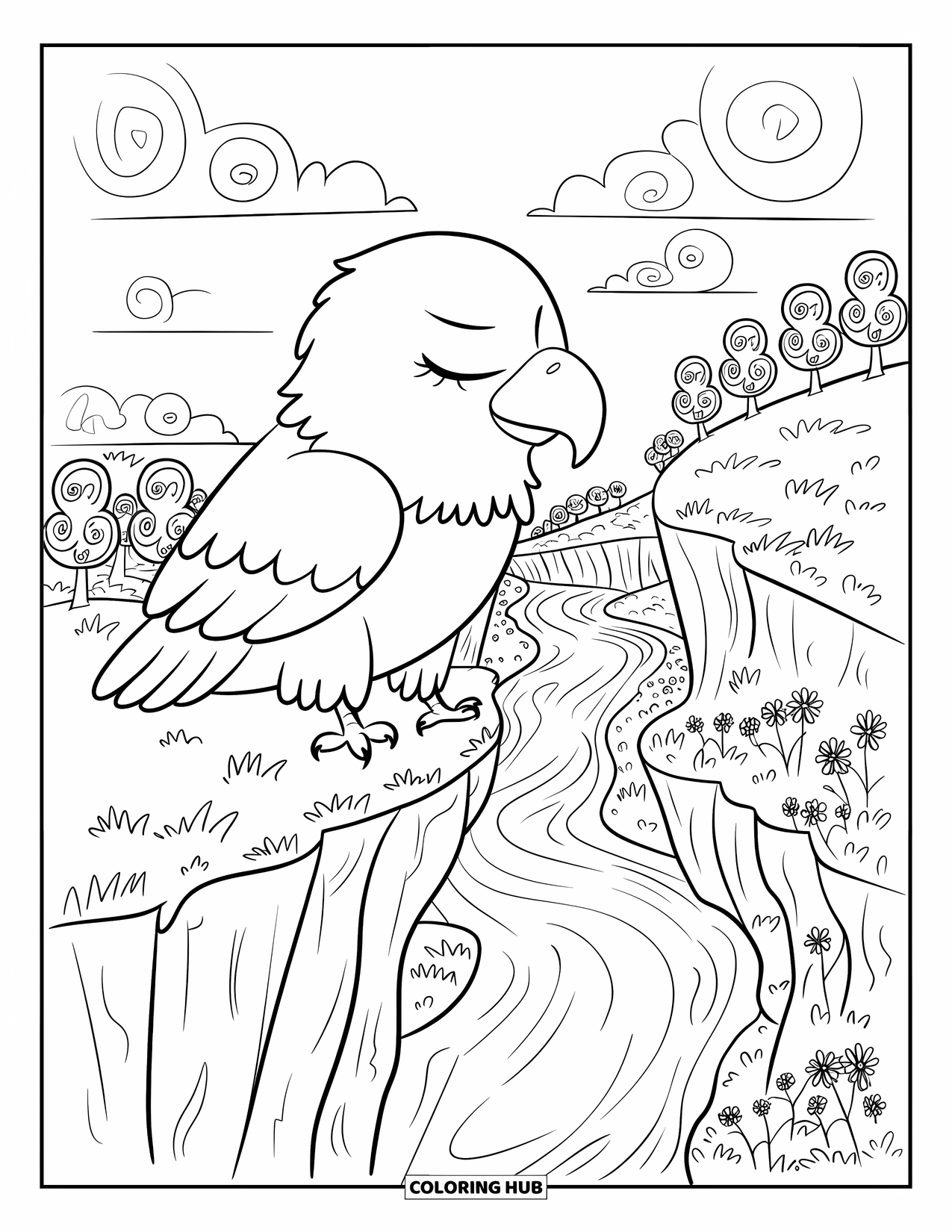 Desenho de Águia para Colorir para Adultos: Uma águia pacífica desfruta da brisa em um penhasco acima de um vale fantasioso