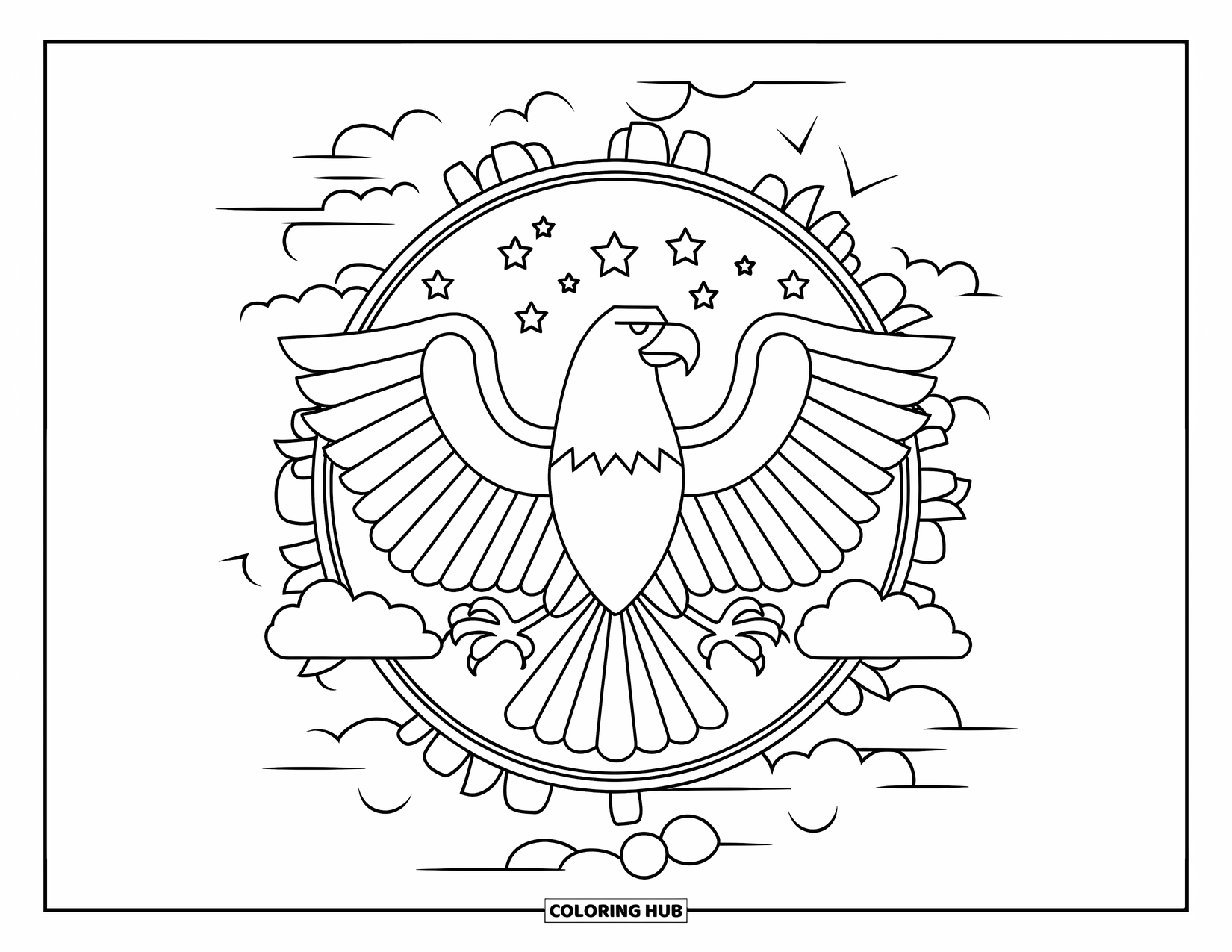 Desenho de águia para colorir para adultos: Uma águia pacífica repousa em um céu de estrelas e nuvens dentro de uma moldura ornada