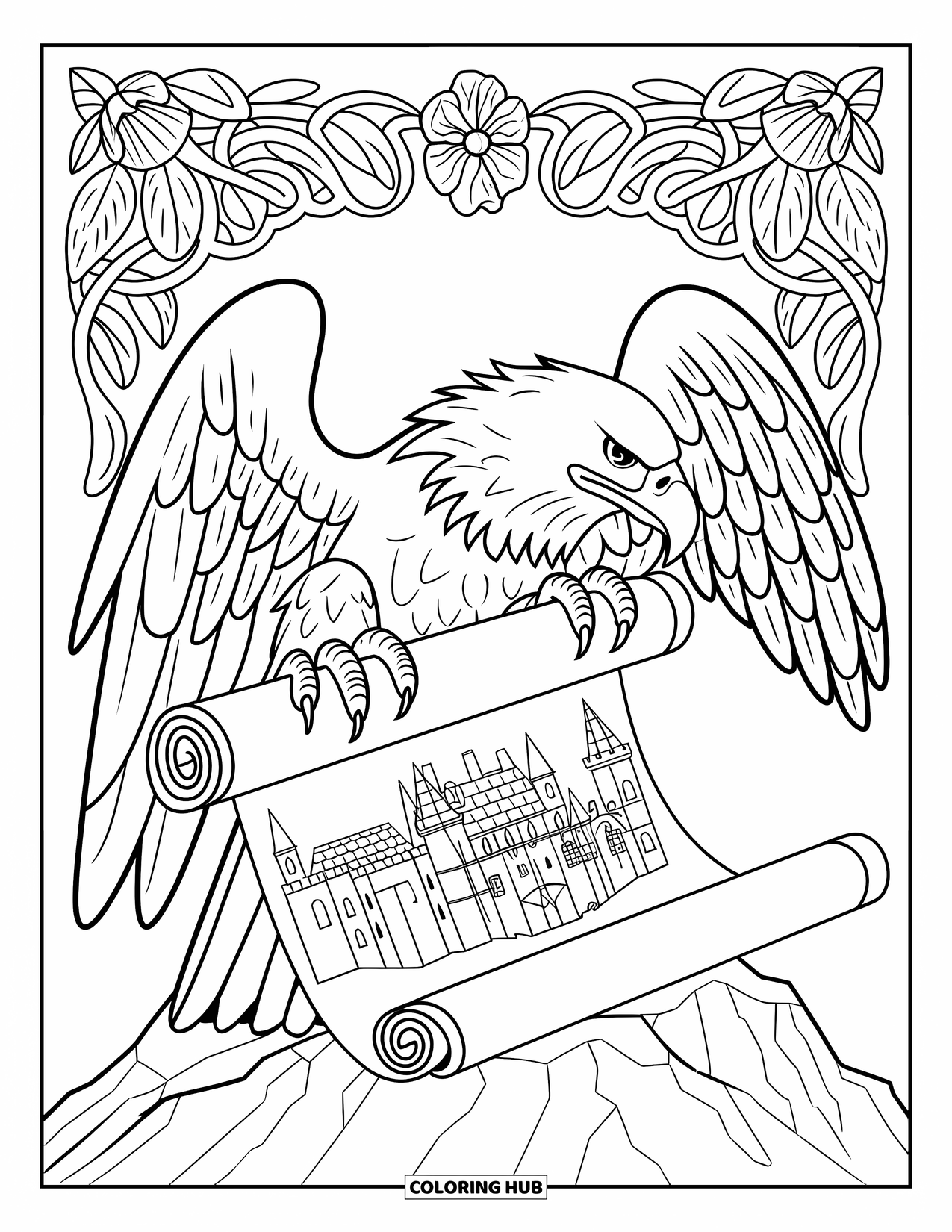 Desenho de águia para colorir para adultos: Uma águia pousada segura um pergaminho mostrando um castelo entre vinhas e flores