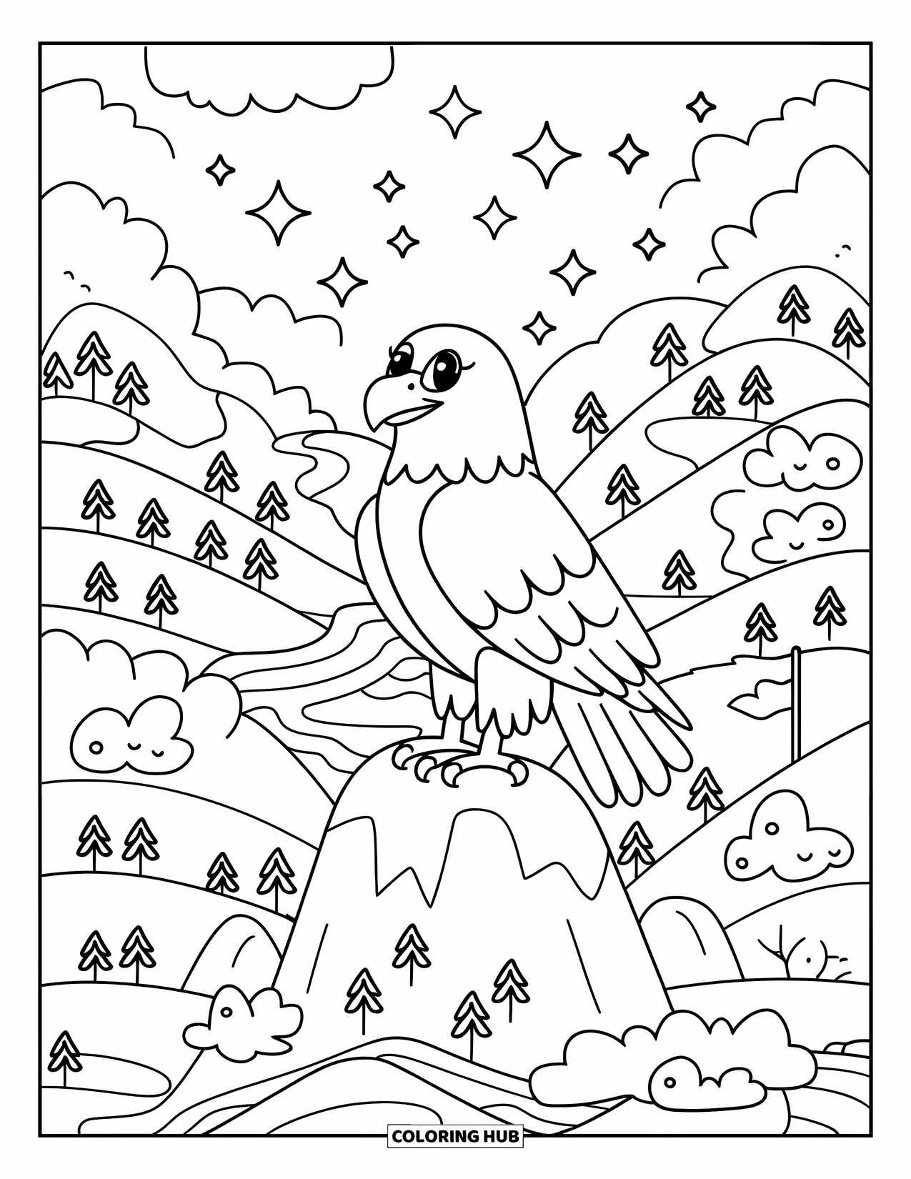 Desenho de Águia para Colorir para Adultos: Uma águia orgulhosa segura uma bandeira enquanto observa rios, árvores e colinas onduladas