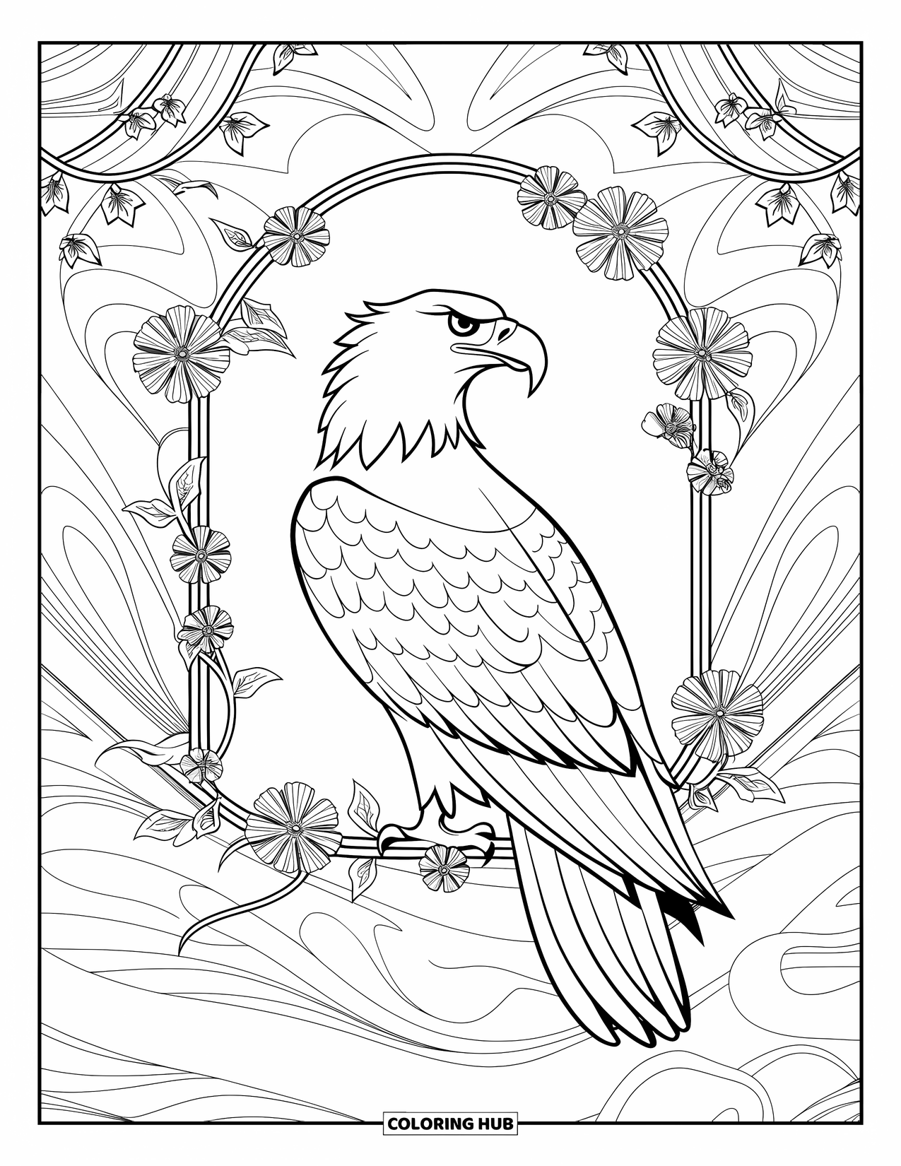 Desenho de águia para colorir para adultos: Uma águia orgulhosa está emoldurada por arcos e detalhes florais em um cenário tranquilo