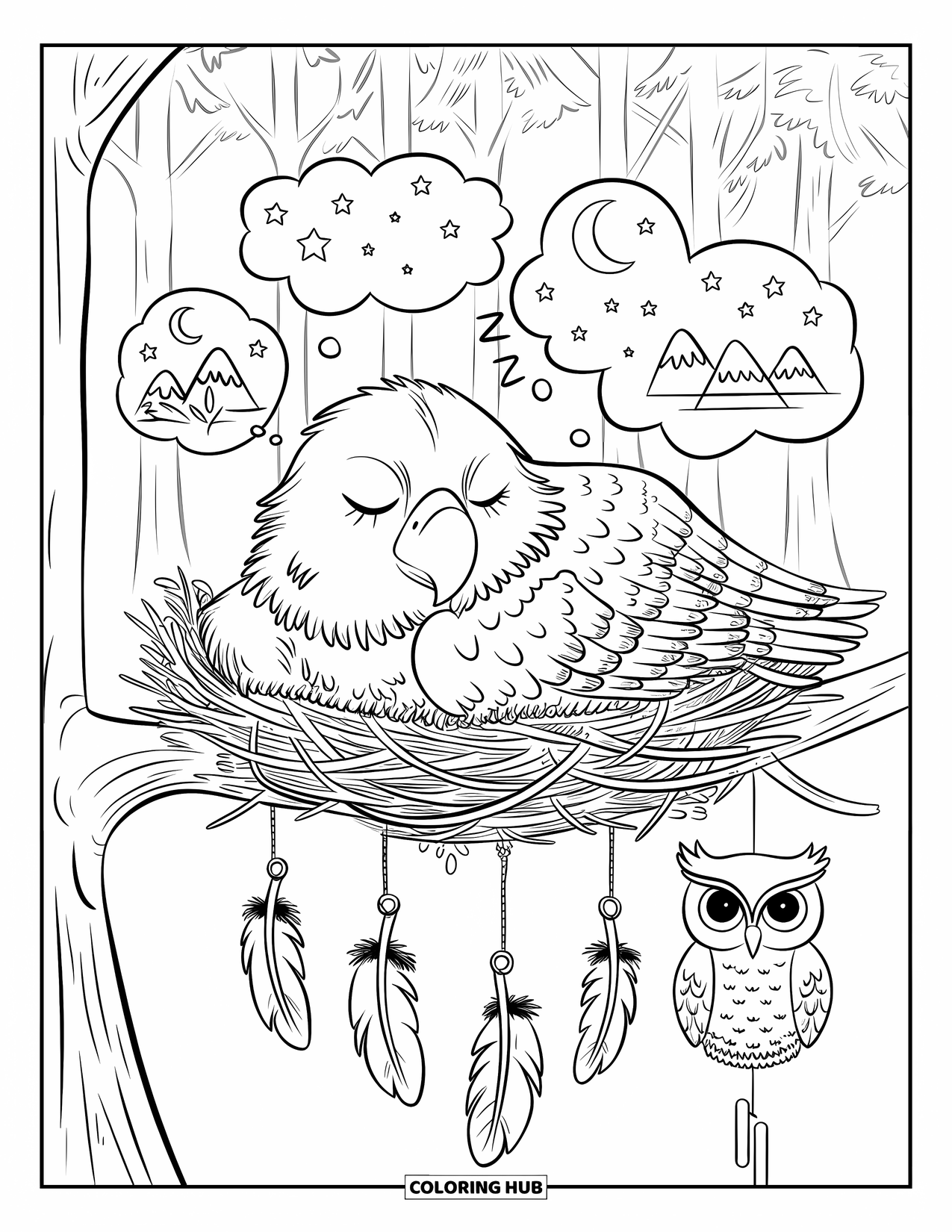 Desenho de Águia para Colorir para Adultos: Uma águia sonolenta cochila em seu ninho, sonhando com estrelas, luas e montanhas