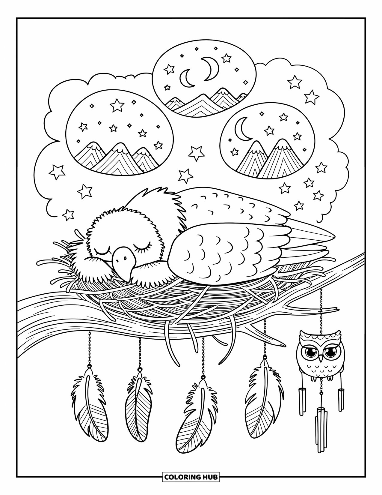 Desenho de Águia para Colorir para Adultos: Uma águia sonolenta aconchega-se em seu ninho sob lanternas brilhantes e sonhos estrelados