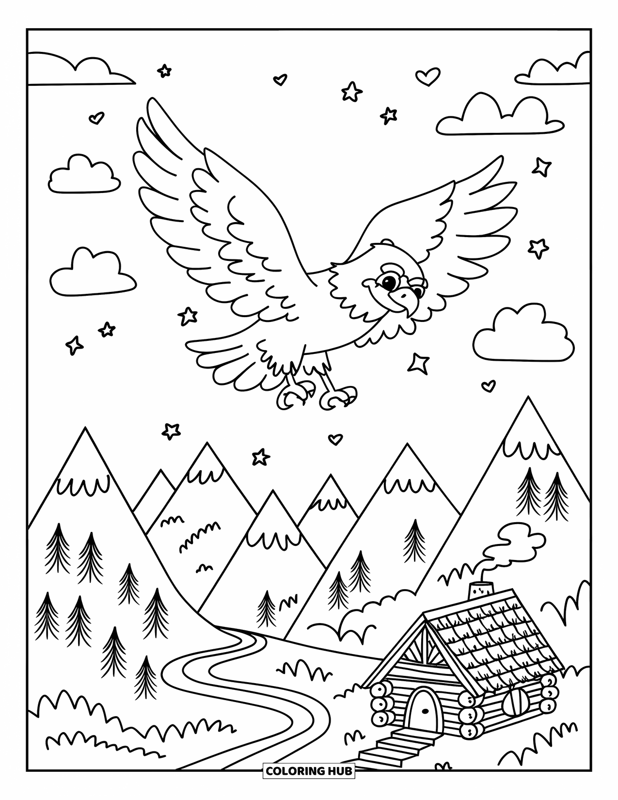 Desenho de Águia para Colorir para Adultos: Uma águia planando voa pacificamente acima de árvores, caminhos e uma pequena cabana de toras