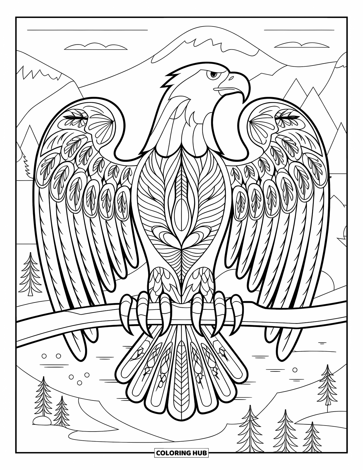 Desenho de águia para colorir para adultos: Uma águia estilizada com asas florais pousa em um galho sobre um cenário tranquilo