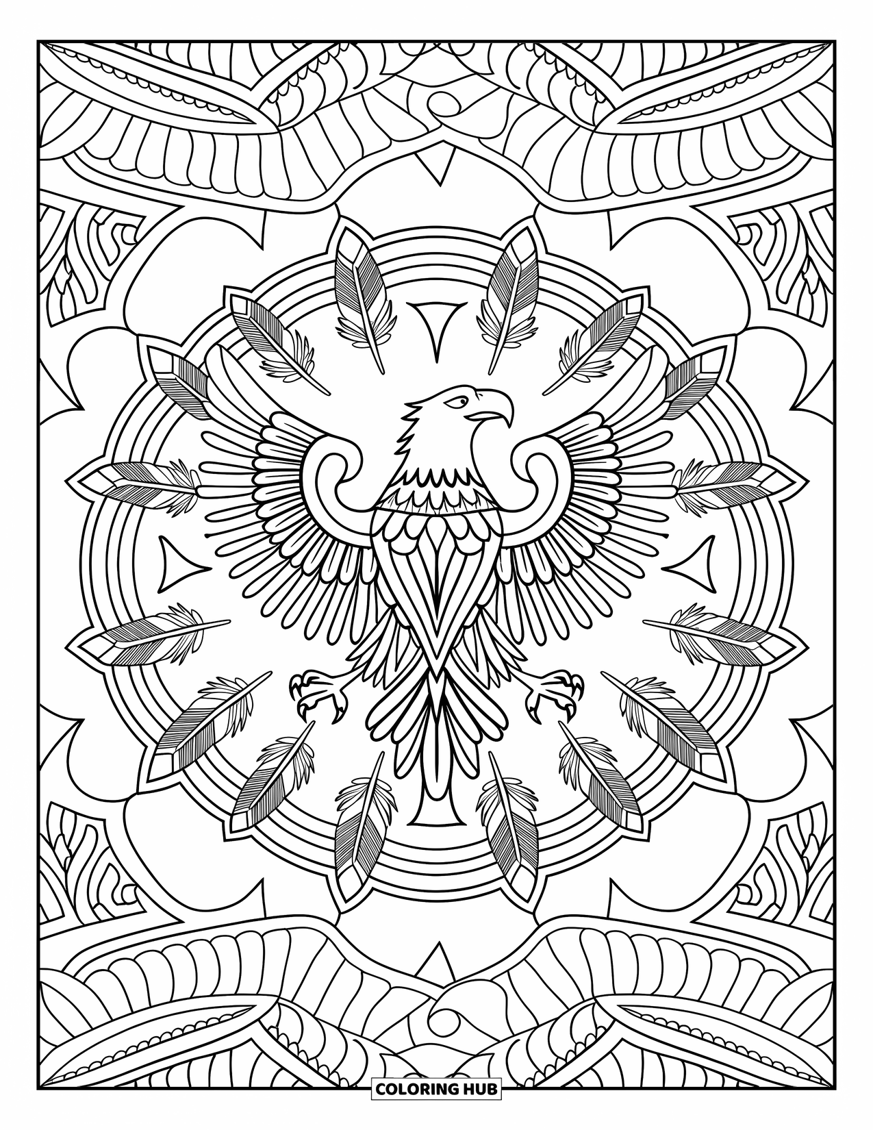 Desenho de águia para colorir para adultos: Uma águia simétrica preenche o centro de uma mandala cheia de penas
