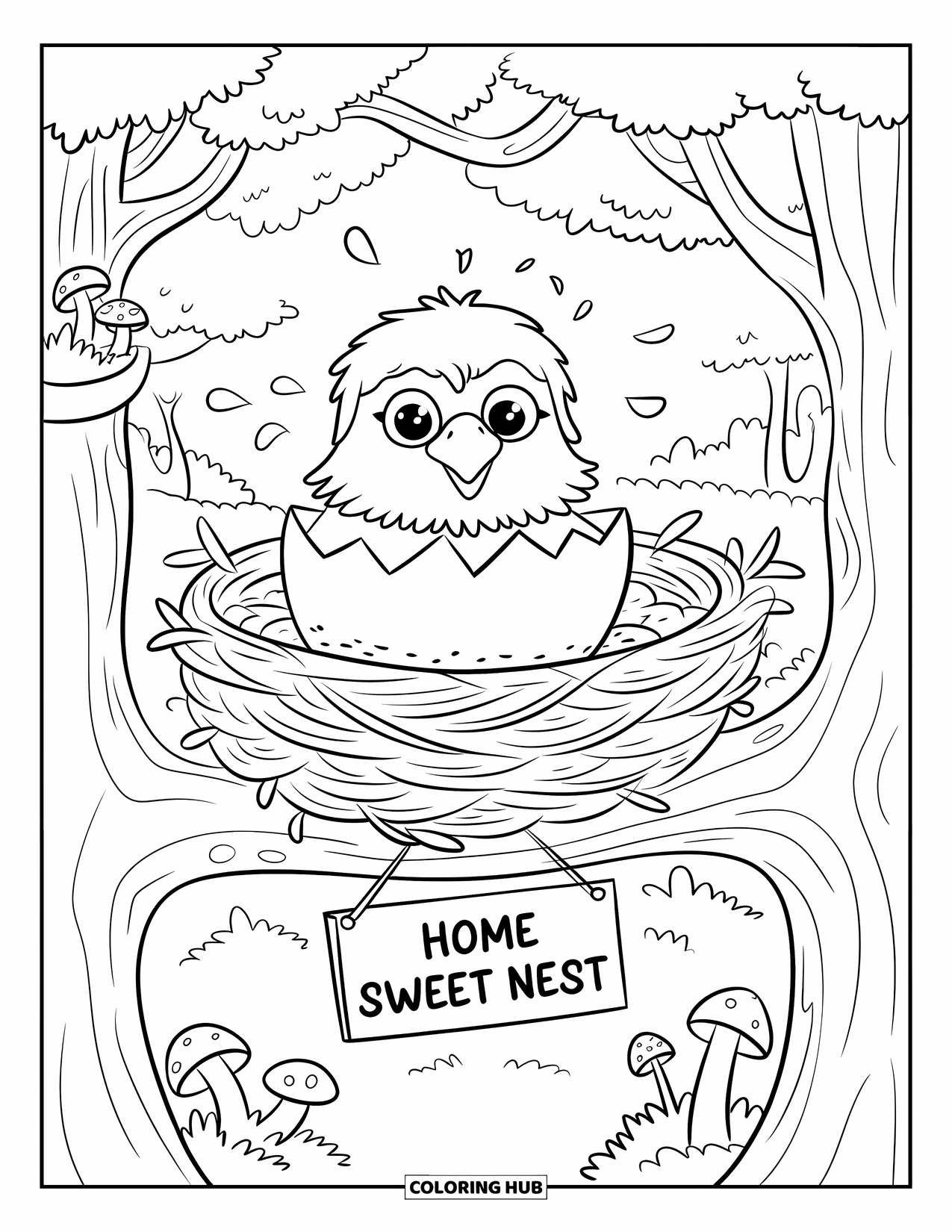 Desenho de Águia para Colorir para Adultos: Uma águia pequena choca em um ninho de árvore decorado com folhas, cogumelos e uma placa