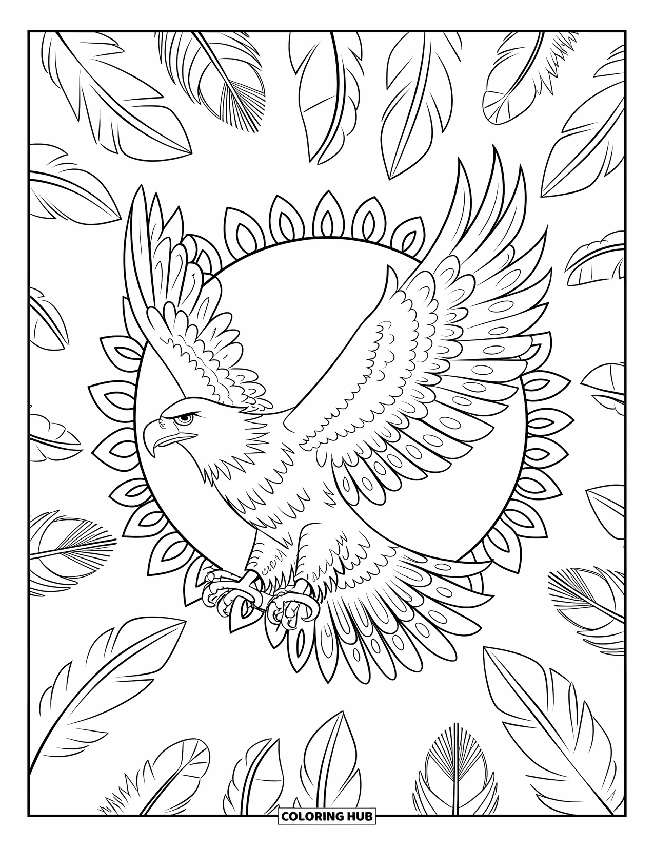 Desenho de águia para colorir para adultos: Uma águia voa através de um halo de penas com formas tribais ao redor