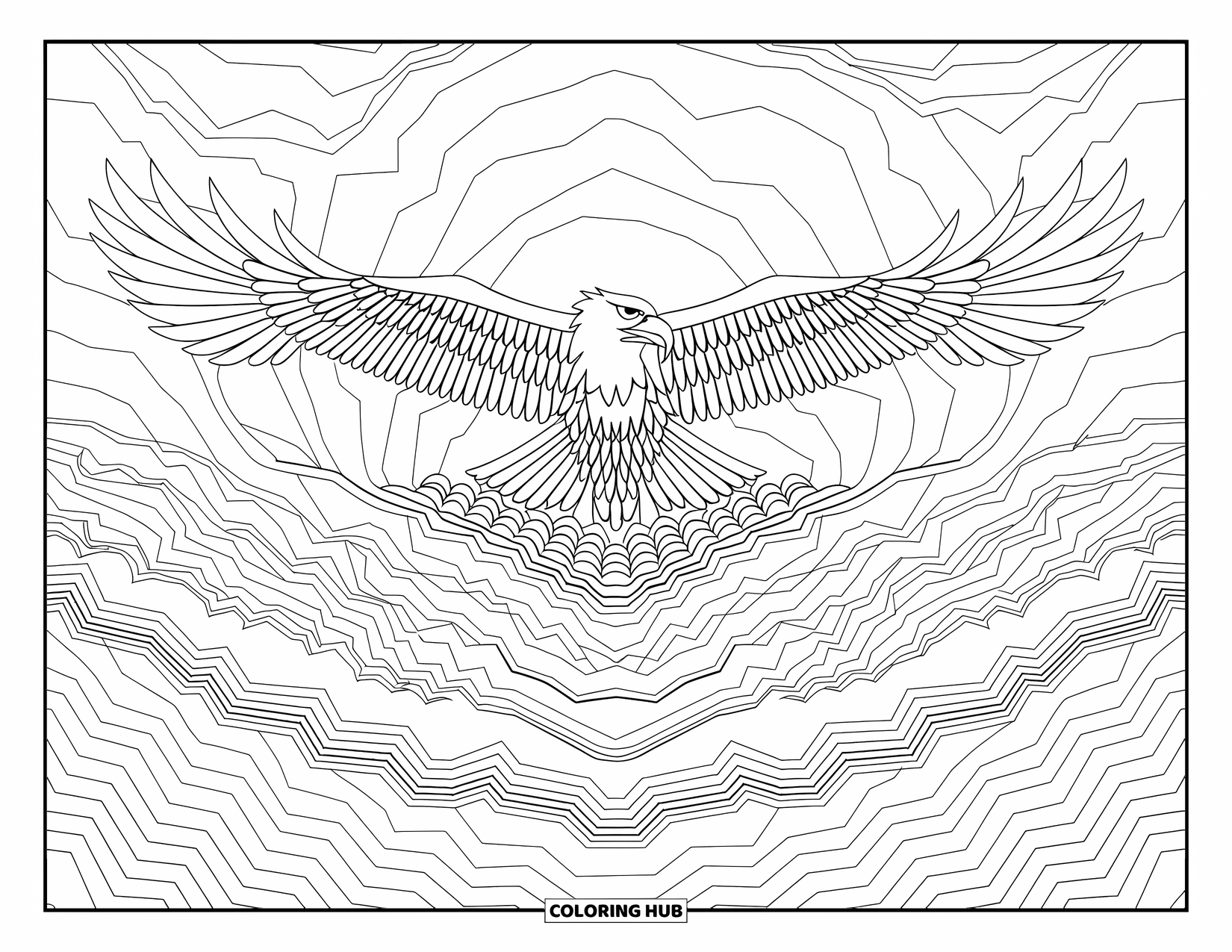 Desenho de águia para colorir para adultos: Uma águia flutua sobre montanhas intrincadamente padronizadas em uma paisagem em camadas