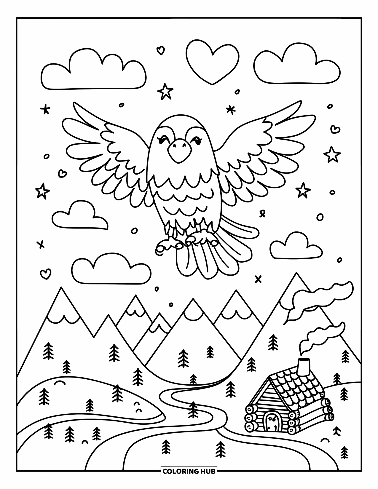 Desenho de Águia para Colorir para Adultos: Uma águia flutua através de nuvens em forma de coração e estrela sobre uma montanha com uma cabana