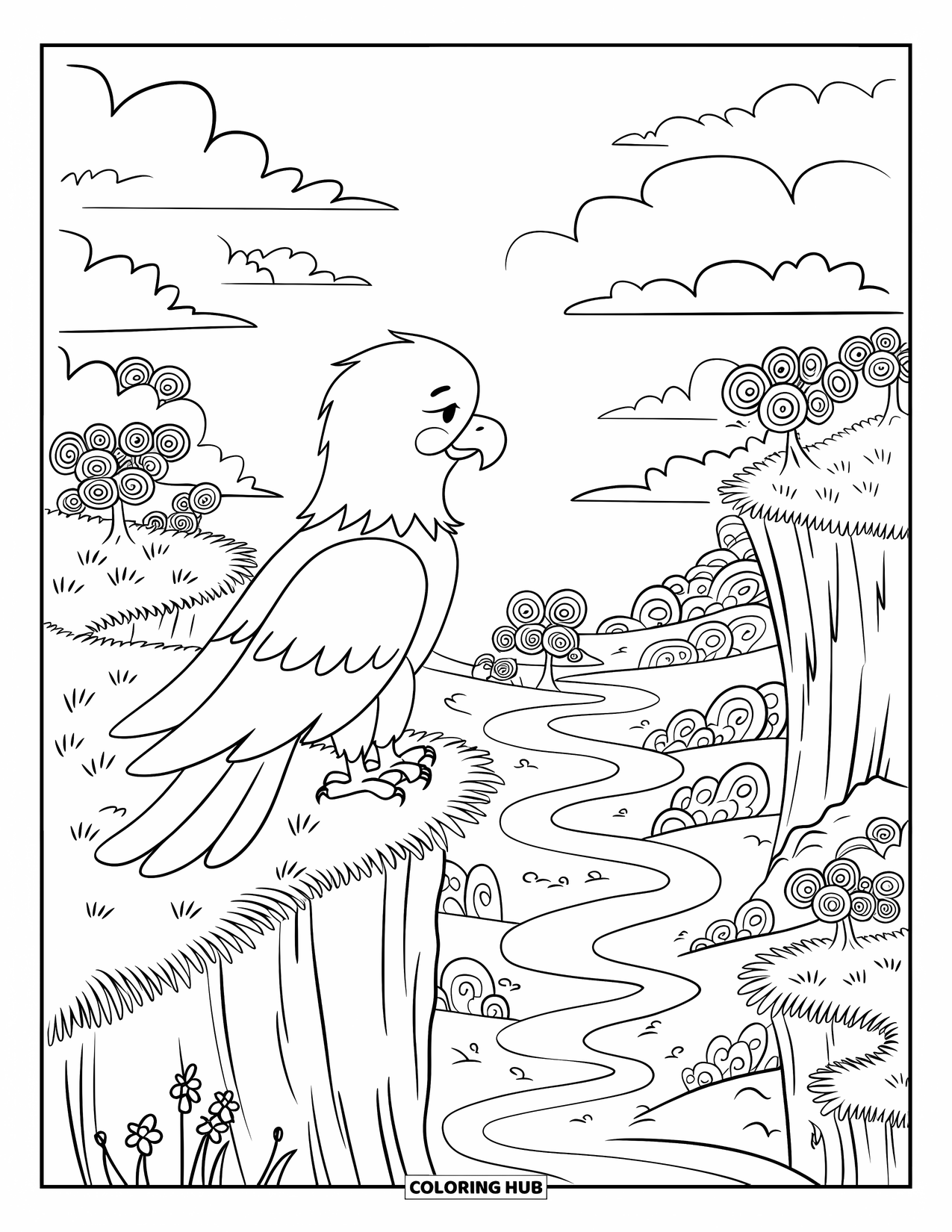 Desenho de águia para colorir para adultos: Uma águia observa um vale cheio de árvores em espiral, nuvens e rios ondulados