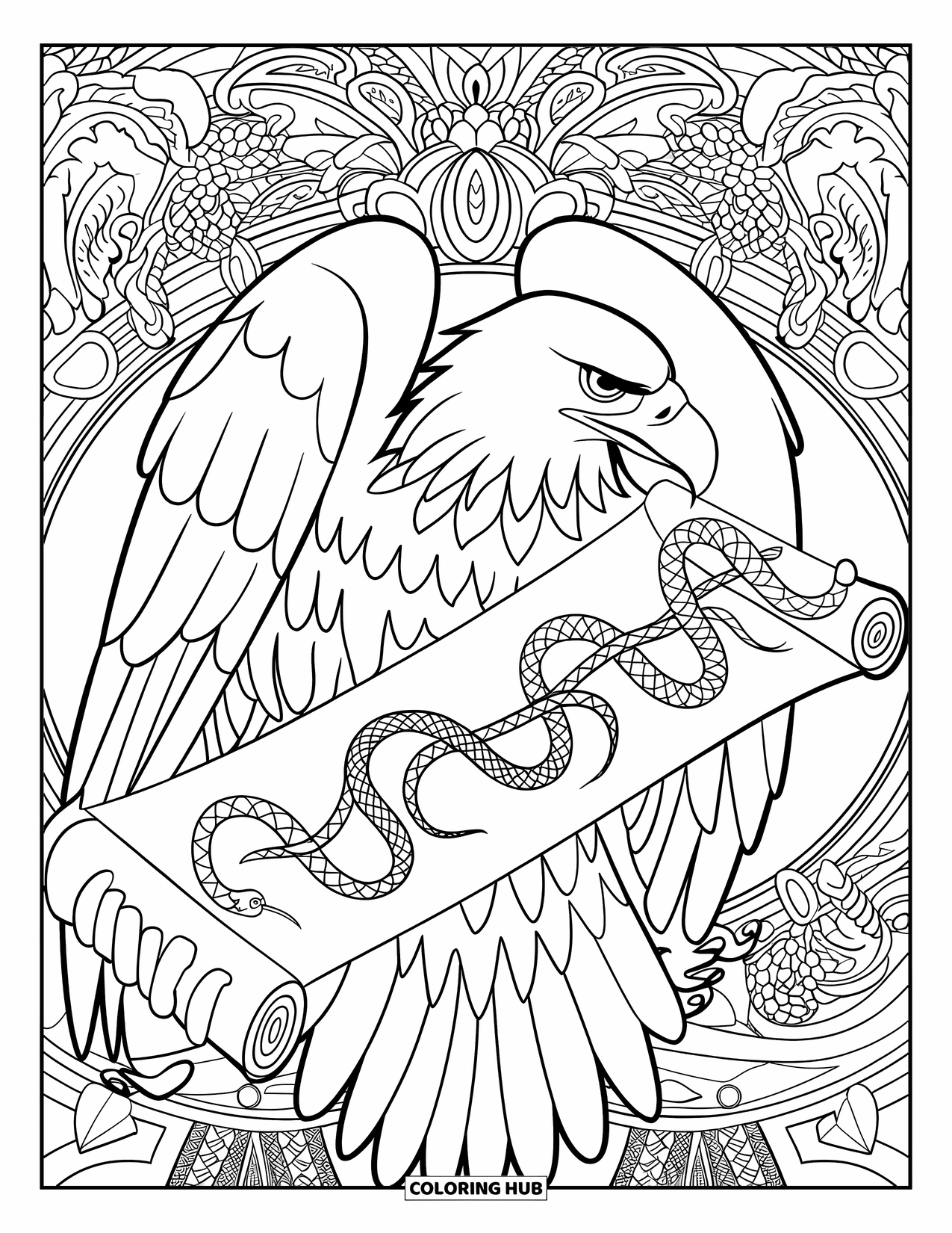 Desenho de águia para colorir para adultos: Uma águia segura um pergaminho com designs de serpentes, cercada por padrões florais ornamentados