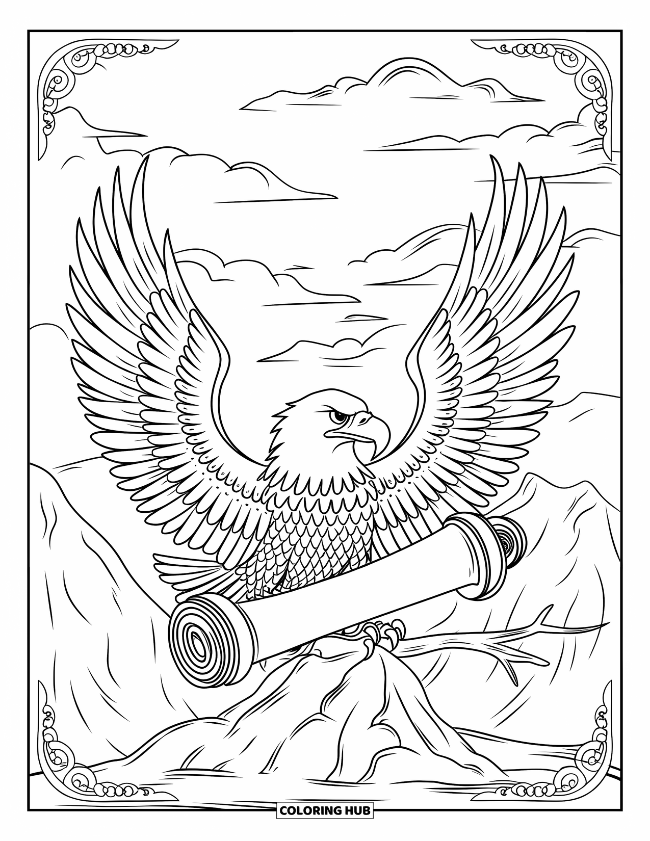 Desenho de águia para colorir para adultos: Uma águia segura um pergaminho enquanto está pousada sobre montanhas e céus ondulantes