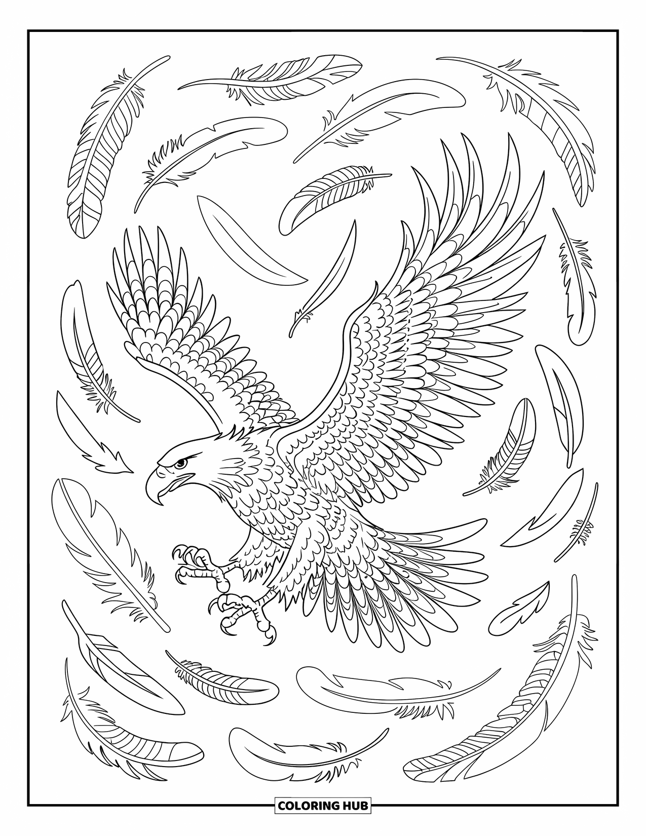Desenho de águia para colorir para adultos: Uma águia em voo é cercada por penas tribais e formas artísticas