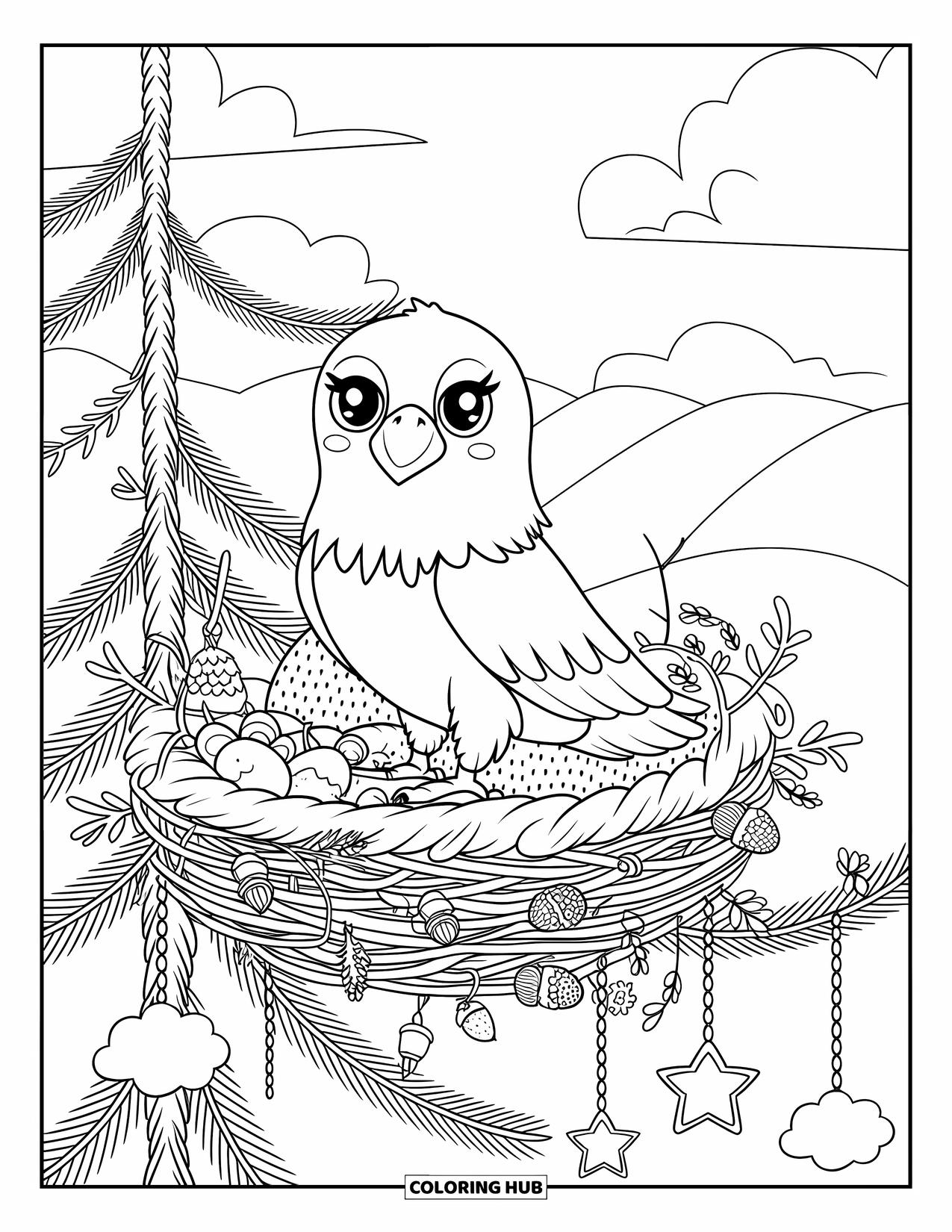 Desenho de Águia para Colorir para Adultos: Uma águia está em um ninho no alto de um pinheiro, cercada por estrelas e nuvens