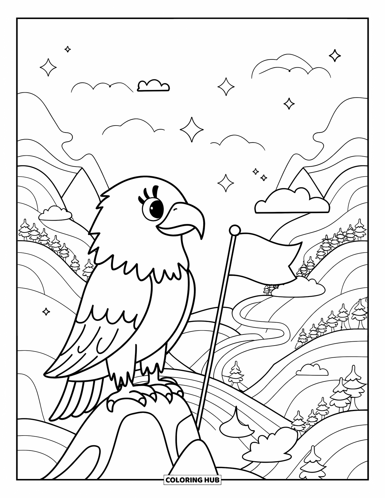 Desenho de Águia para Colorir para Adultos: Uma águia está no topo de uma montanha ao lado de uma bandeira, observando colinas e nuvens sonhadoras