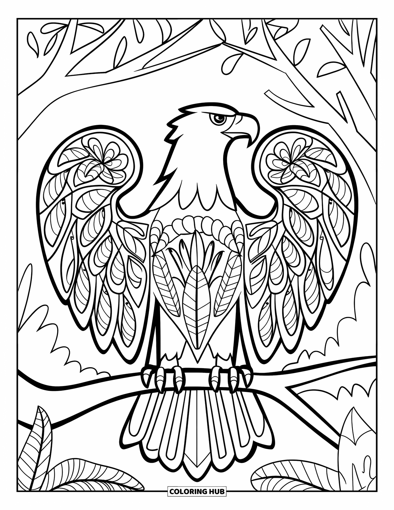 Desenho de águia para colorir para adultos: Uma águia repousa em um galho com folhas entrelaçadas em suas asas decoradas