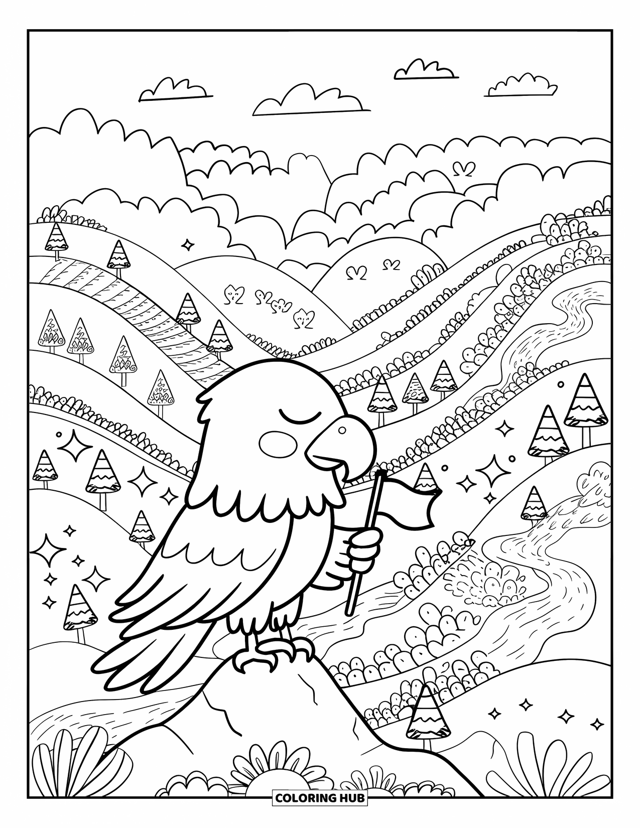 Desenho de Águia para Colorir para Adultos: Uma águia descansa em uma rocha de montanha, estrelas brilhando ao redor de uma vista de vale pacífico