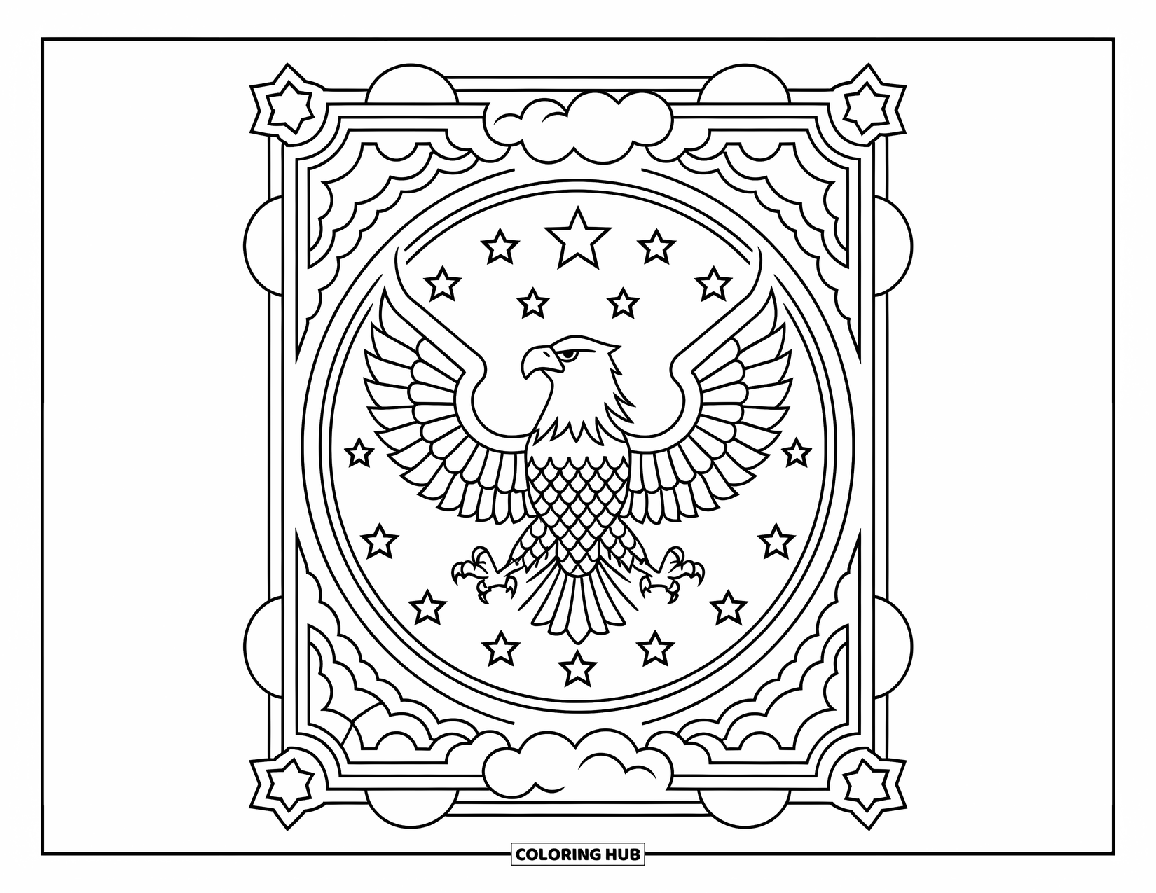 Desenho de águia para colorir para adultos: Uma águia abre suas asas em uma moldura rodeada de estrelas e nuvens ondulantes