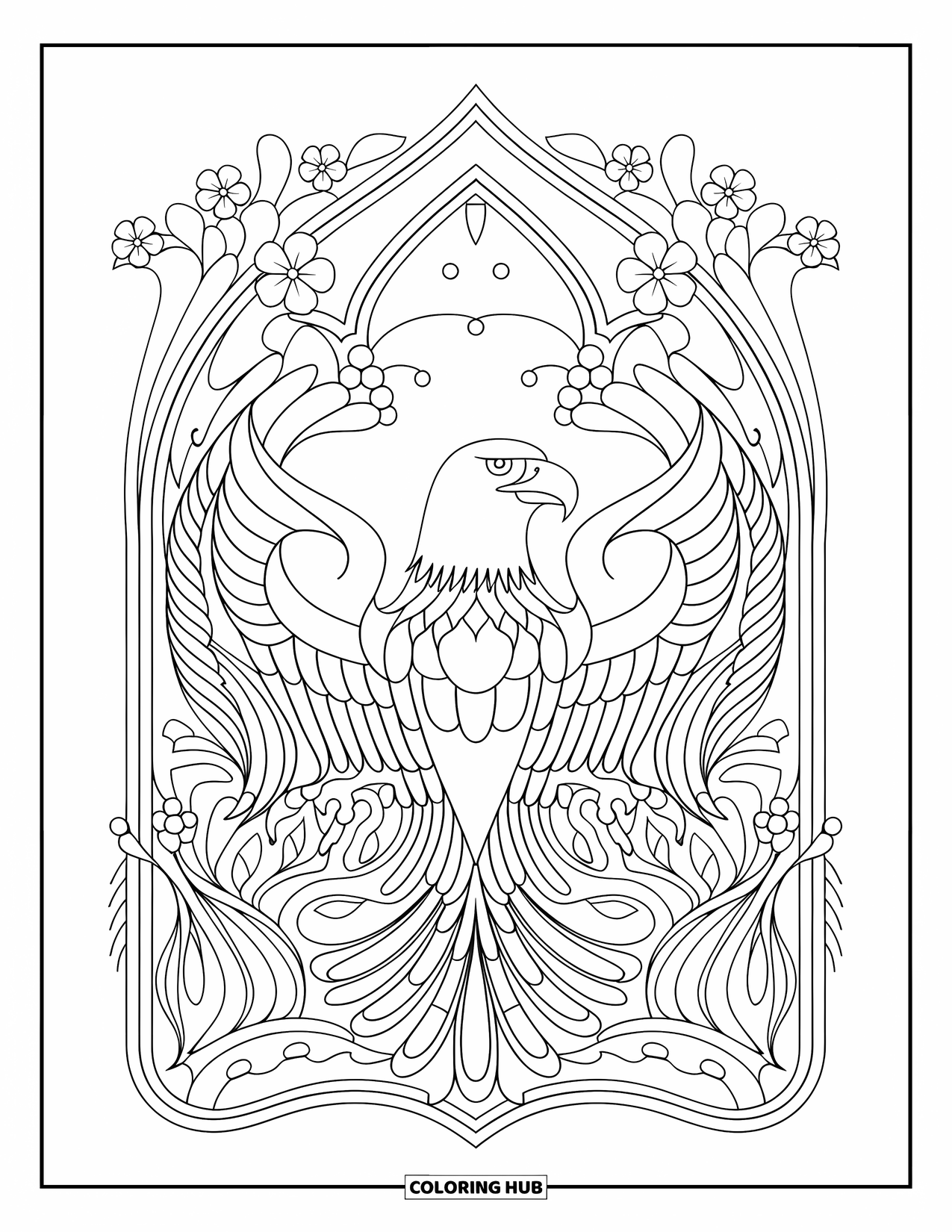 Desenho de águia para colorir para adultos: Uma águia abre suas asas dentro de um arco de flores e linhas ondulantes