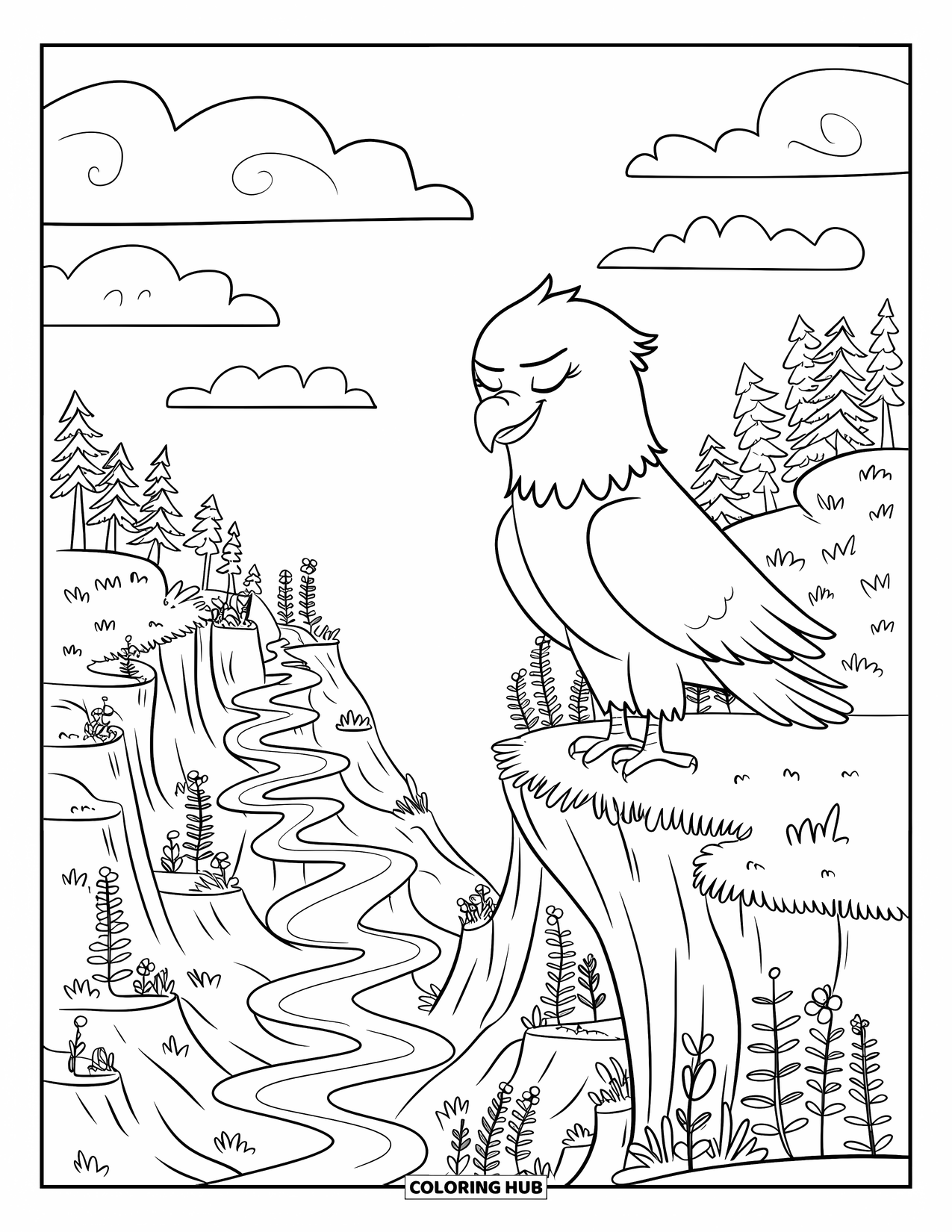 Desenho de Águia para Colorir para Adultos: Uma águia está ao vento, olhando para um vale mágico abaixo