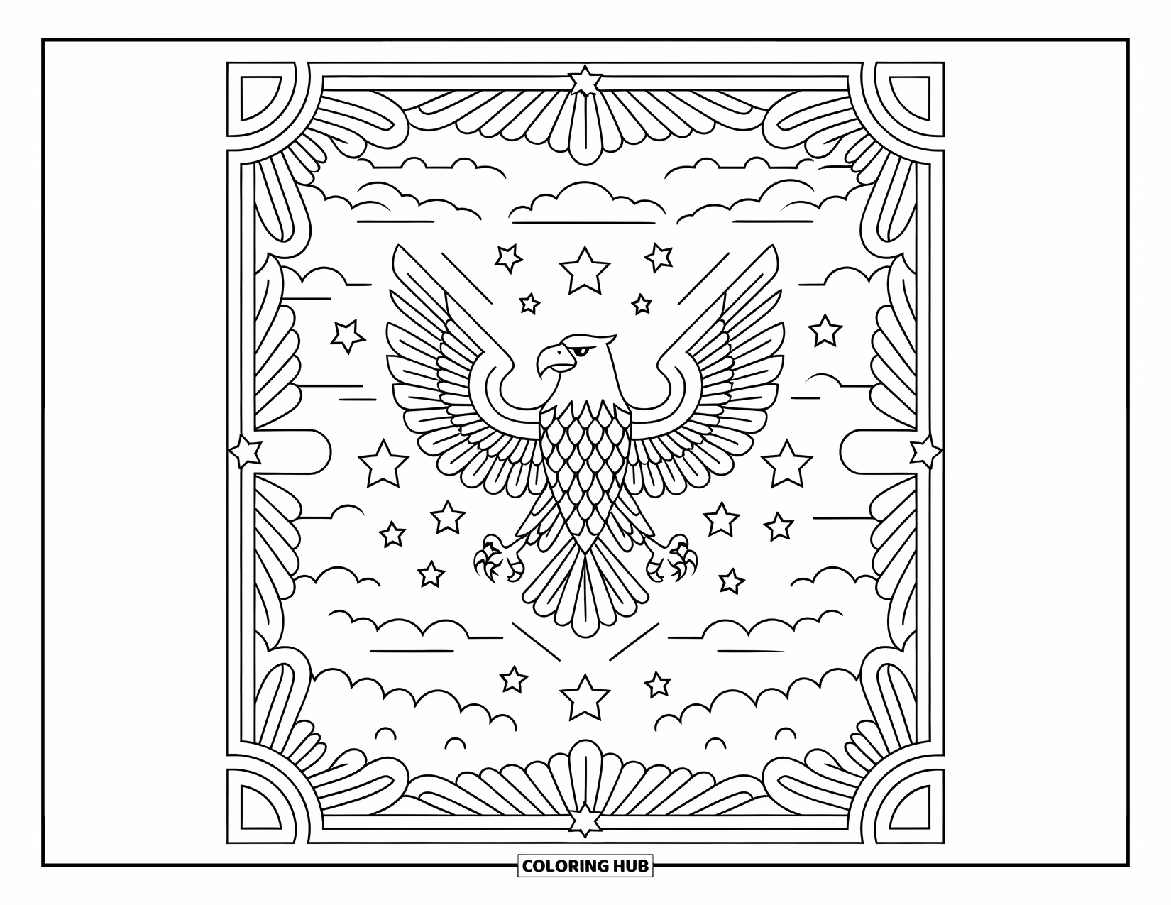 Desenho de águia para colorir para adultos: Uma águia estica suas asas em uma moldura cheia de nuvens e estrelas com padrões ousados