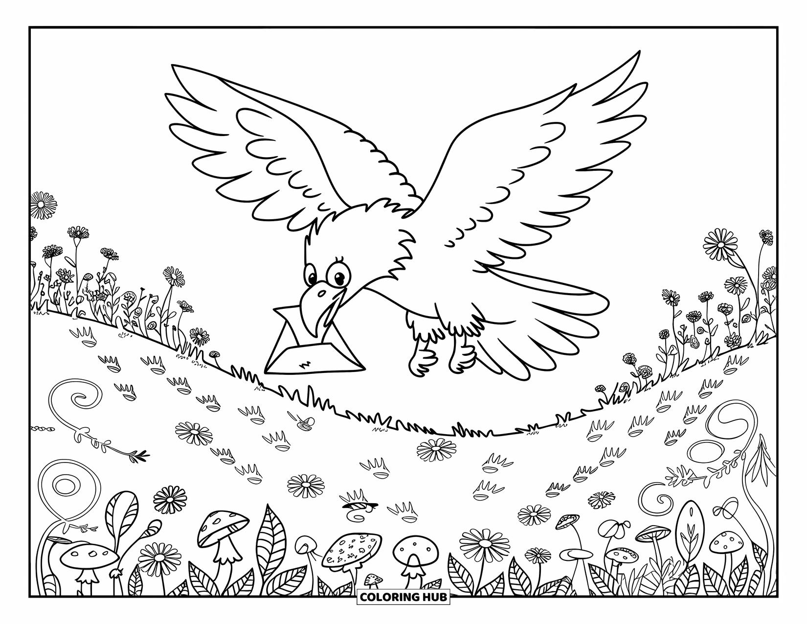 Desenho de Águia para Colorir para Adultos: Uma águia com uma carta de folha desliza sobre um campo mágico de cogumelos e vinhas