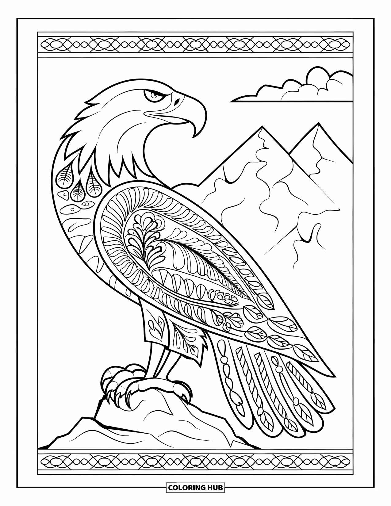 Desenho de águia para colorir para adultos: Uma águia com penas florais está em uma rocha emoldurada por montanhas e bordas