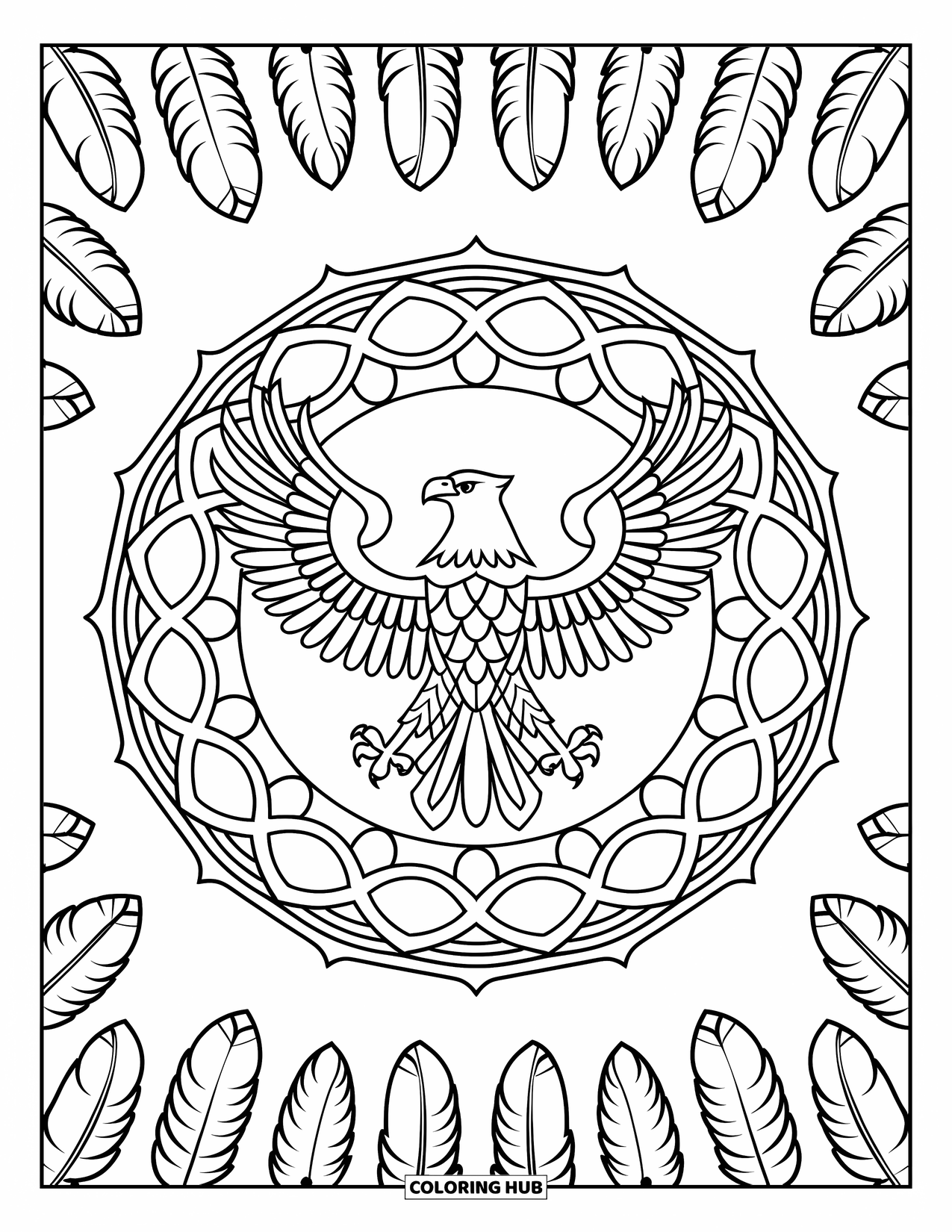 Desenho de águia para colorir para adultos: Uma águia de asas largas está no coração de uma mandala com padrão de penas