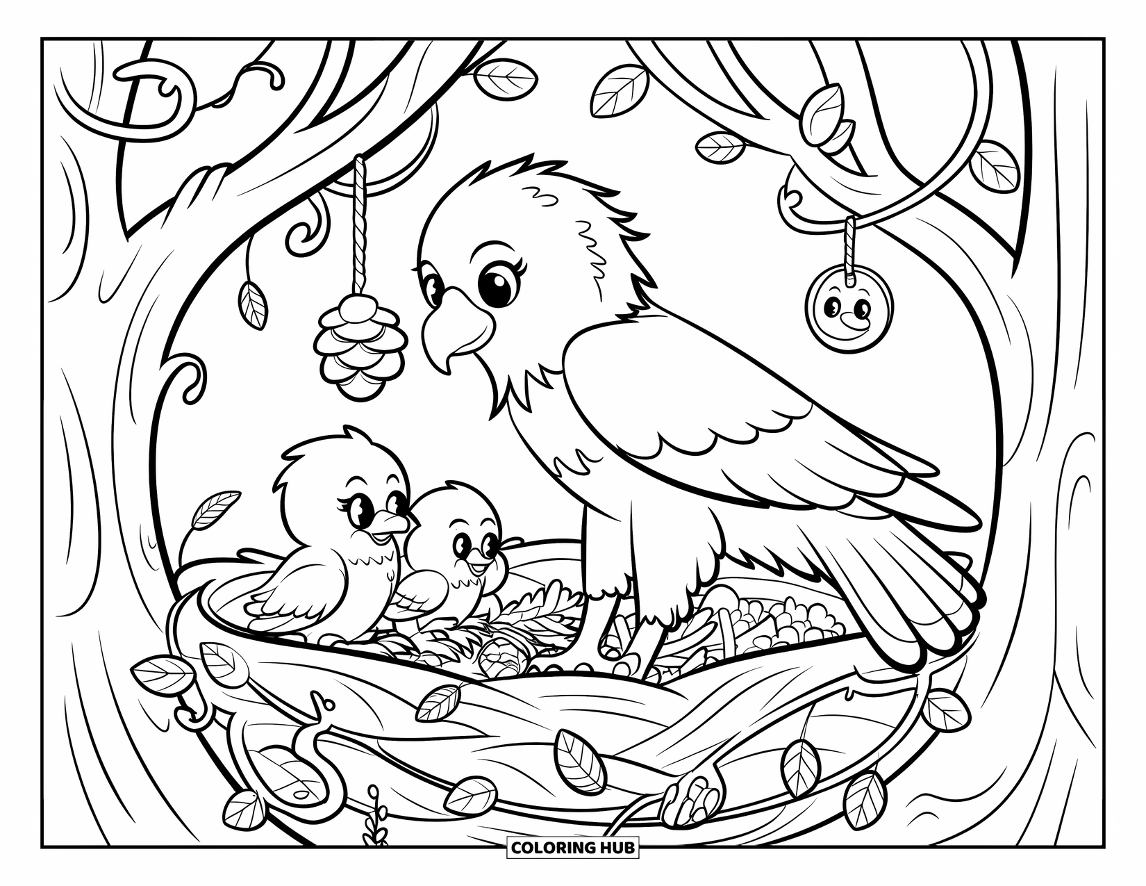 Desenho de Águia para Colorir para Adultos: Os filhotes brincam com penas enquanto a mamãe águia observa de seu aconchegante ninho na árvore