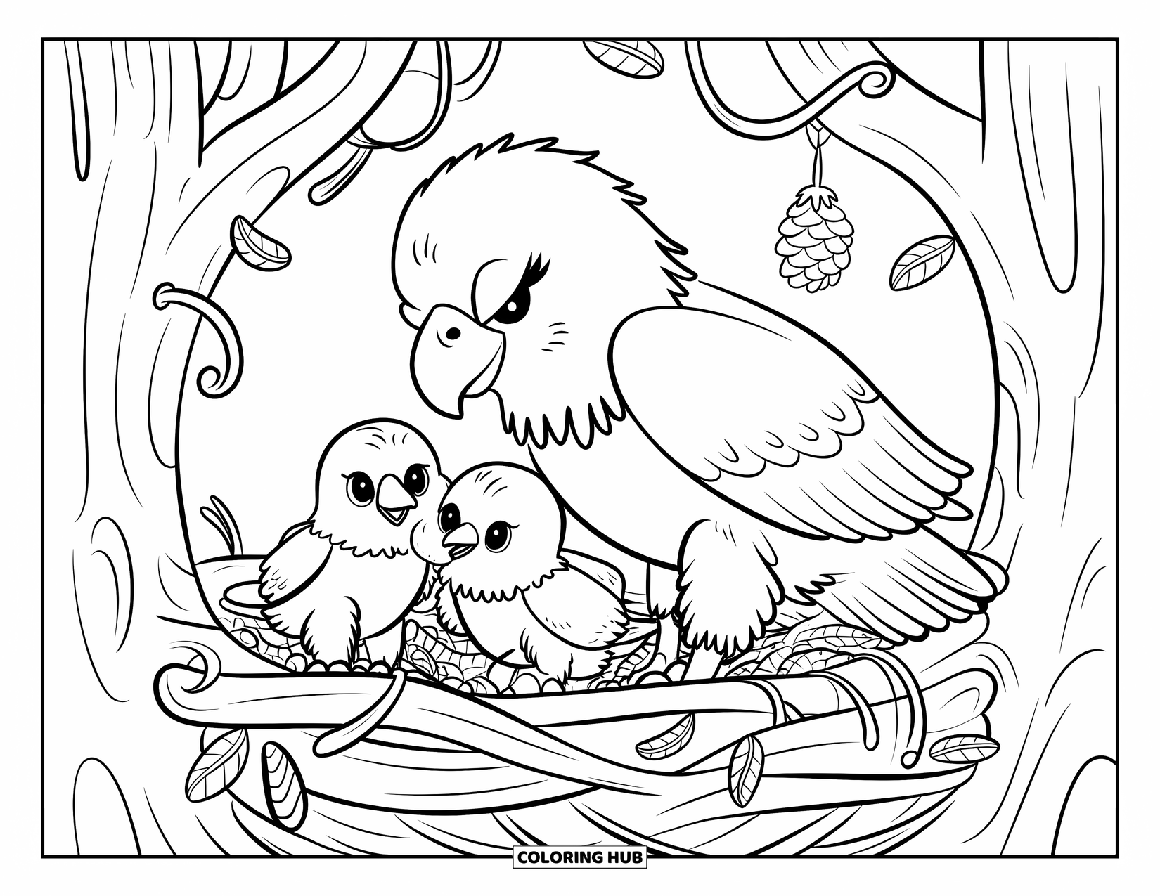 Desenho de Águia para Colorir para Adultos: Dois filhotes brincalhões se aninham sob a mamãe águia em uma grande árvore
