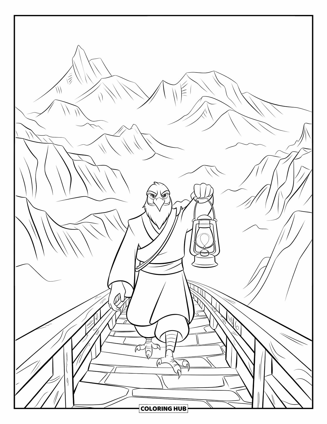 Desenho de Águia para Colorir para Crianças: Uma águia viajante com barba caminha por uma ponte alta acima de picos de montanha enevoados