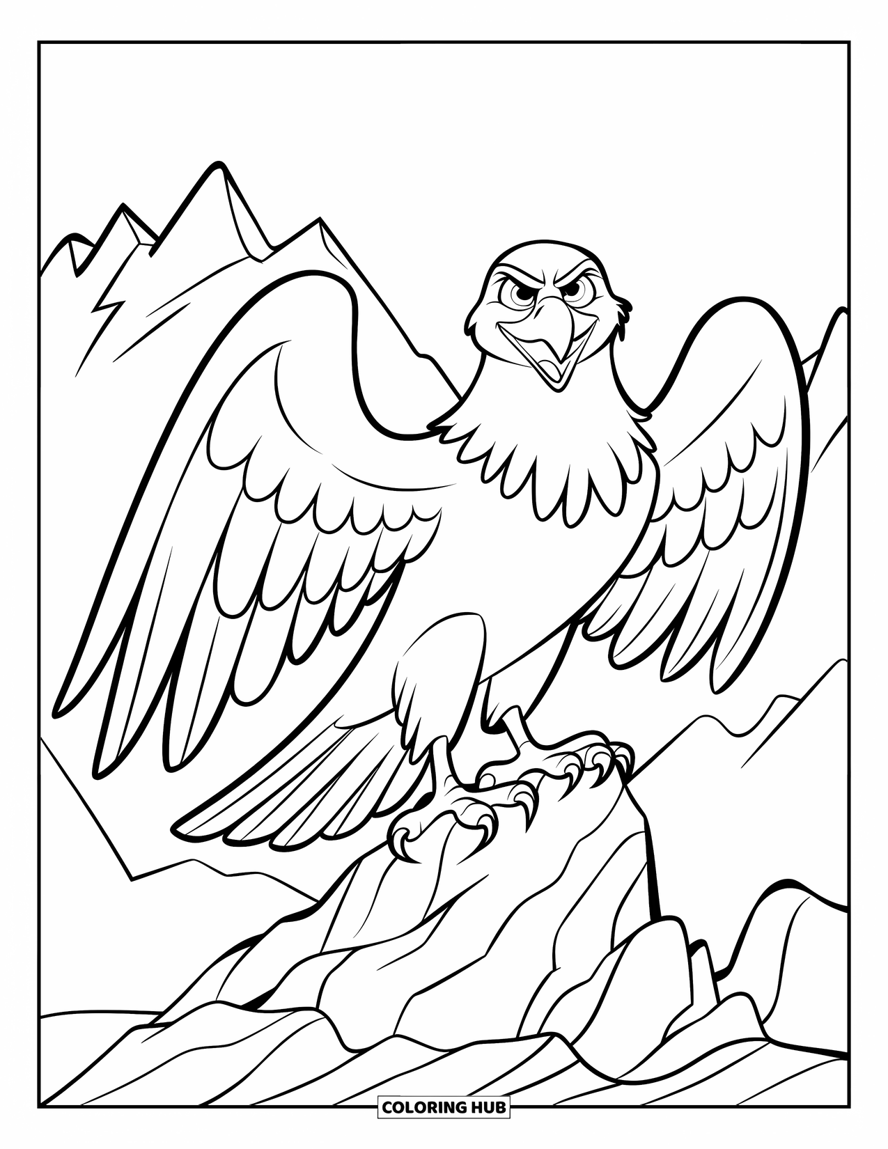 Desenho de Águia para Colorir para Crianças: Uma águia ousada está em rochas com montanhas afiadas ao longe