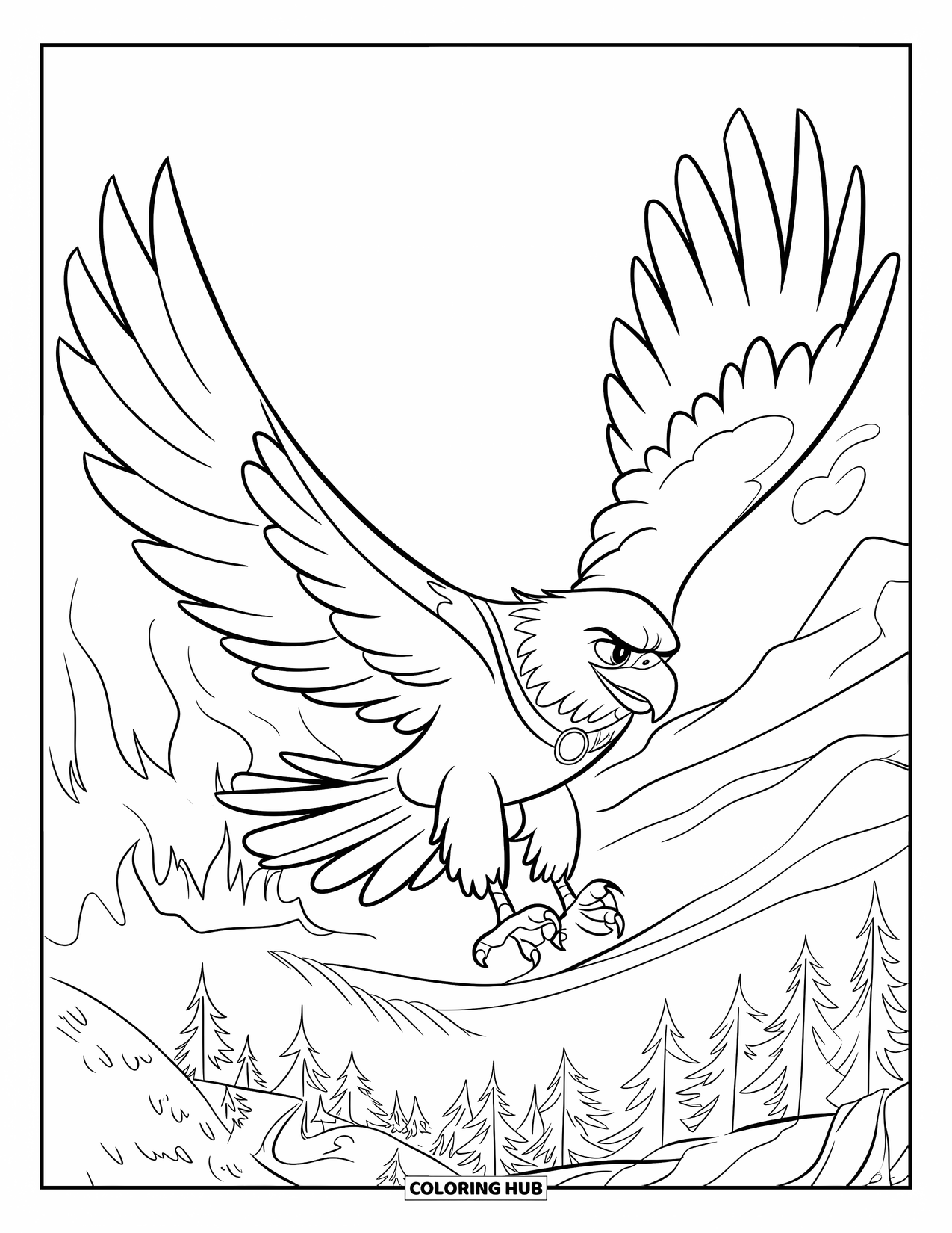 Desenho de Águia para Colorir para Crianças: Um herói águia de capa sobrevoa florestas em chamas com chamas e fumaça subindo