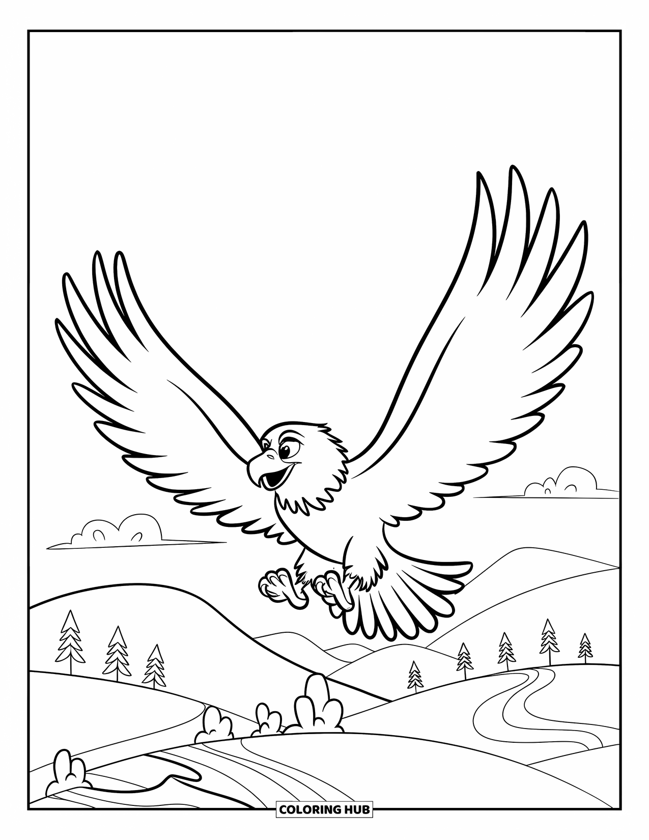 Desenho de Águia para Colorir para Crianças: Uma águia alegre sobrevoa colinas onduladas e algumas nuvens fofas