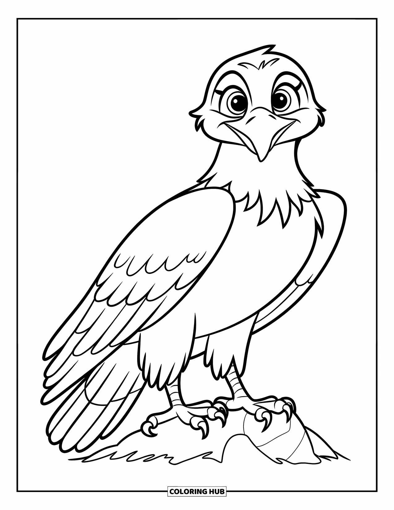Desenho de Águia para Colorir para Crianças: Uma águia alegre com grandes asas está em uma rocha, pronta para voar