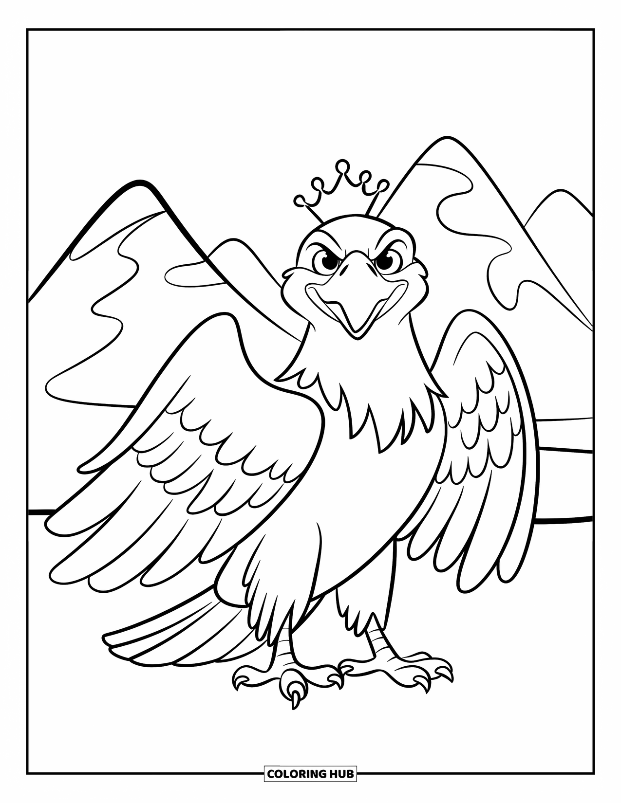 Desenho de Águia para Colorir para Crianças: Uma águia coroada está orgulhosamente com asas abertas em frente a montanhas