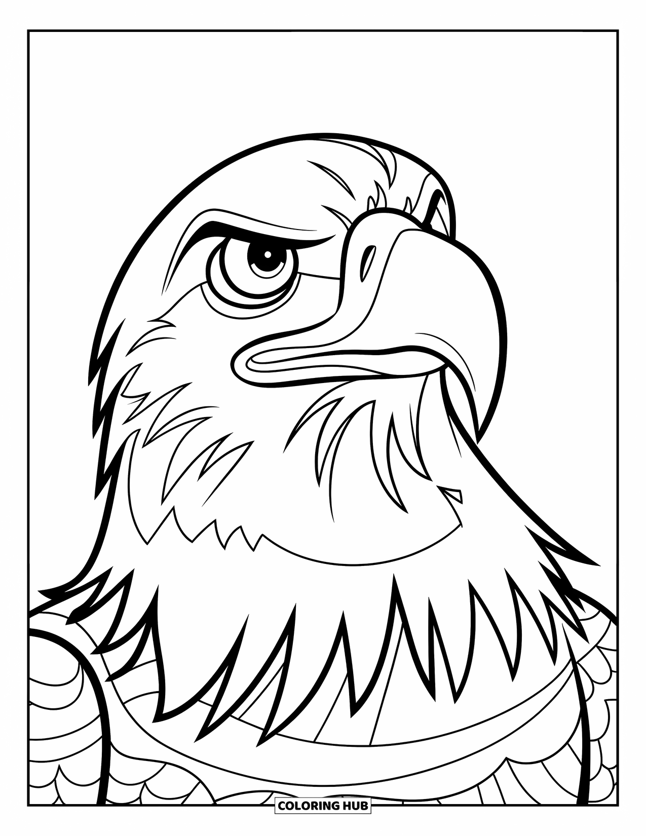 Desenho de Águia para Colorir para Crianças: Um rosto curioso de águia olha para cima com um bico destemido e detalhes simples