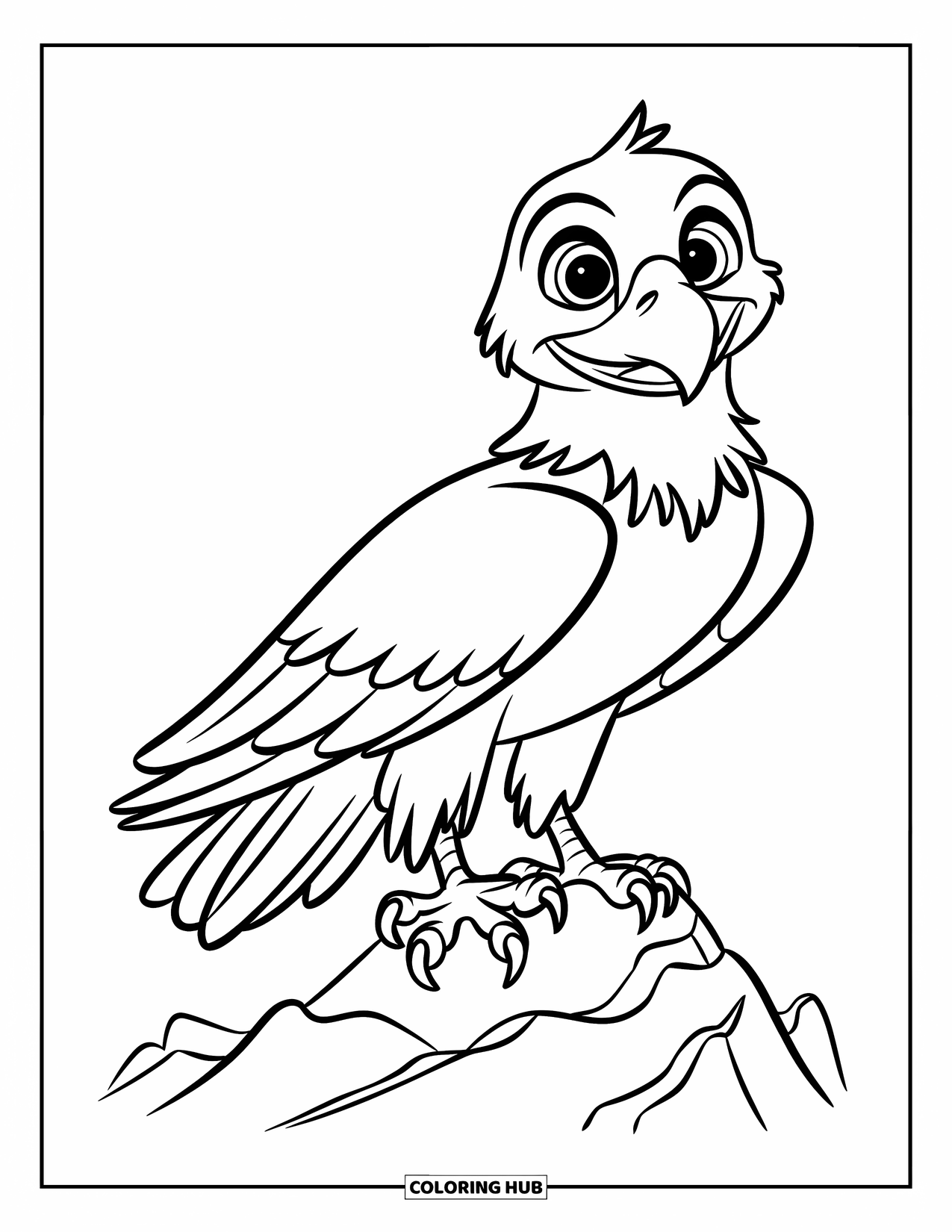 Desenho de Águia para Colorir para Crianças: Uma águia fofa com grandes asas está orgulhosamente em uma rocha