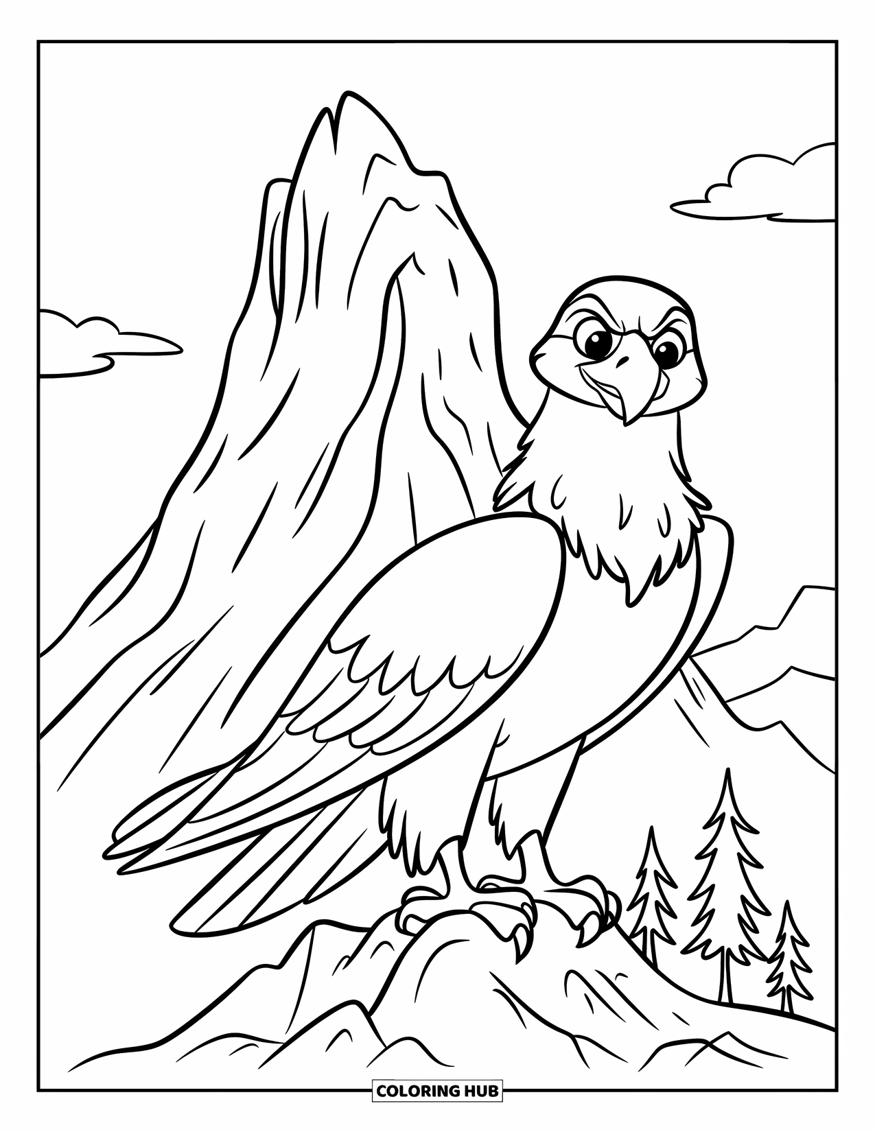 Desenho de Águia para Colorir para Crianças: Uma águia gentil descansa perto de uma montanha acidentada com algumas árvores