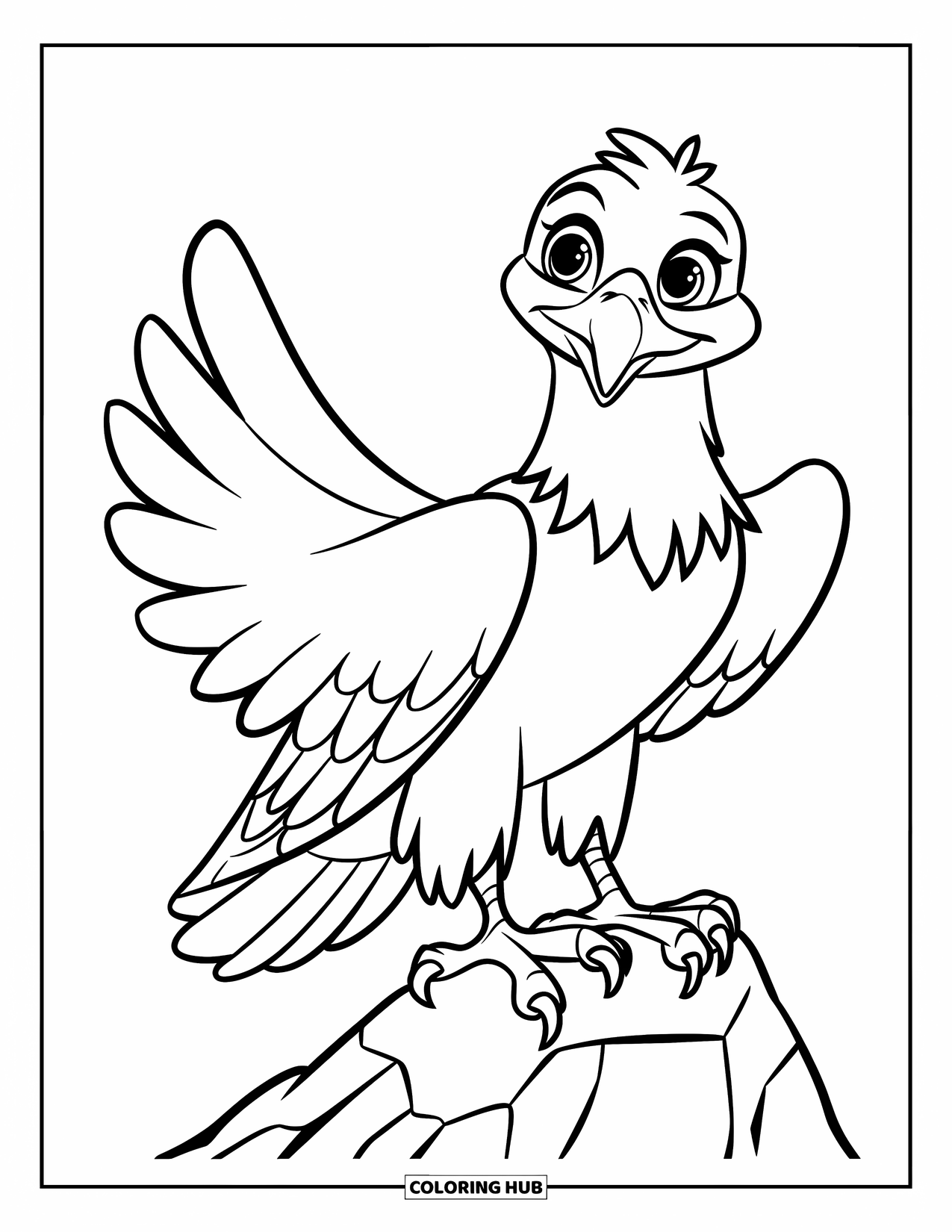 Desenho de Águia para Colorir para Crianças: Uma pequena águia feliz, com penas simples, está em uma rocha, pronta para se divertir