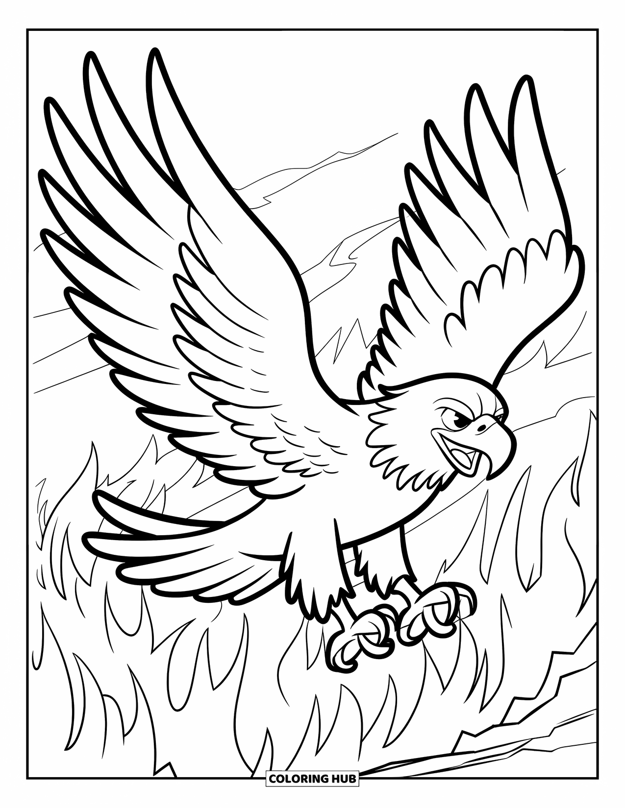 Desenho de Águia para Colorir para Crianças: Um águia heroica sobrevoa uma floresta em chamas, alerta e pronta