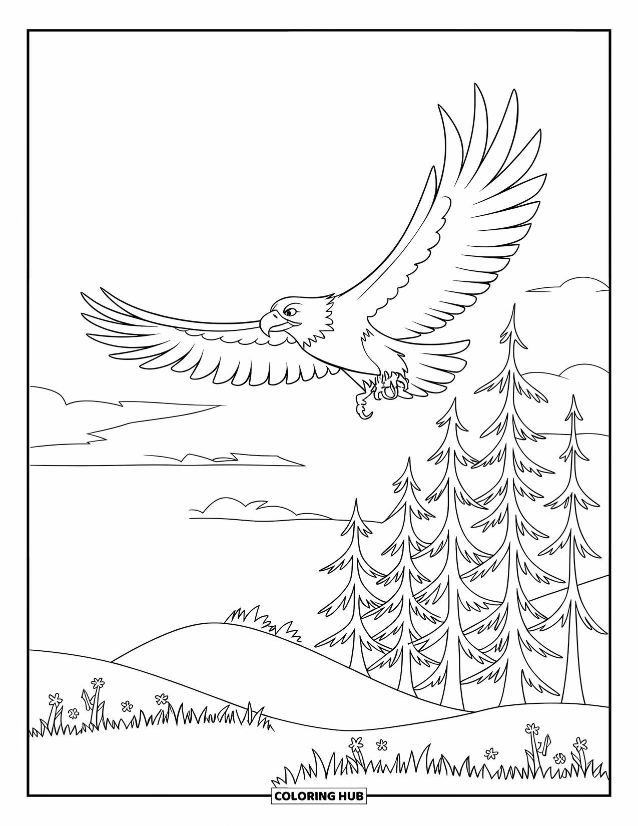 Desenho de Águia para Colorir para Crianças: Uma águia voadora alta plana sobre colinas, árvores e flores silvestres
