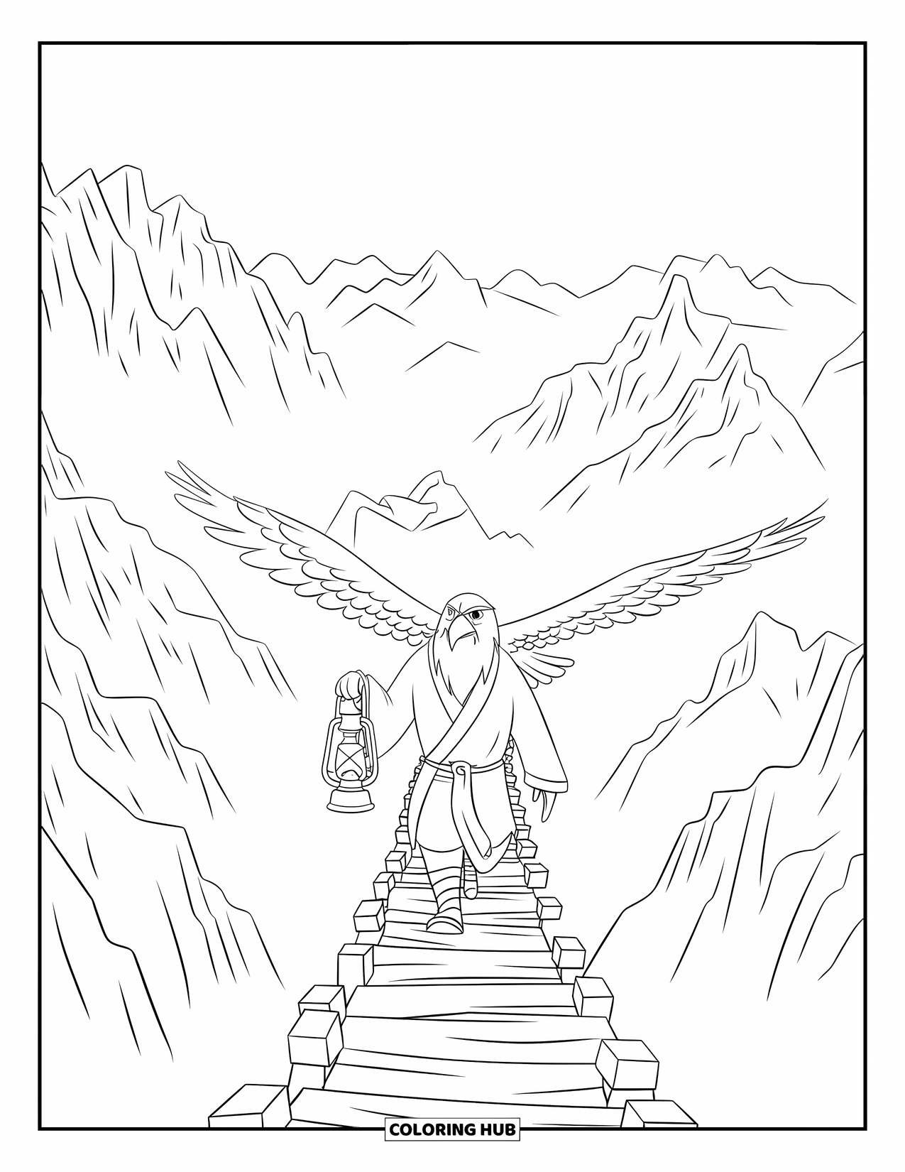 Desenho de Águia para Colorir para Crianças: Uma águia iluminada por lanterna percorre uma ponte suspensa sobre picos e penhascos enevoados